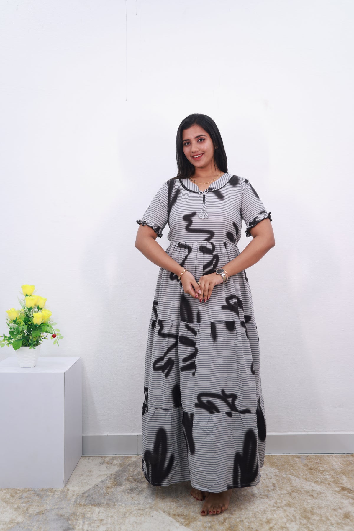 Mangai 3 Layer Reversible Design Frock Model Nighties Soft and Smooth Premium Quality Rayon Material , Fancy Frilled Sleeve, Side Pocket , Back tie Rope , Stylish Collection's for Trendy Women's (MRK)