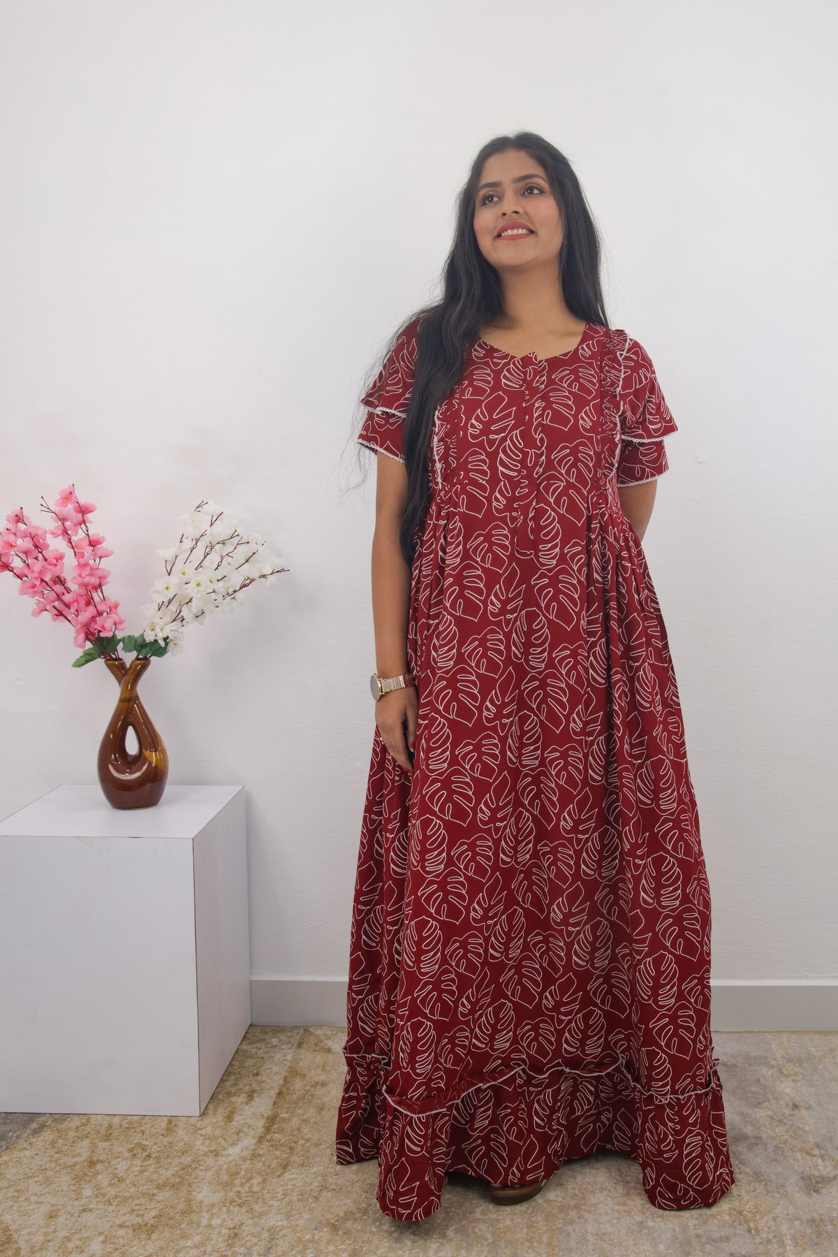 MANGAI Rayon Frock Nighties | Front Open Lengthy Zipper Comforts Feeding | Fancy Double Layered Sleeve's | Post & Pre Pregnancy's and Casual Wear | Side Pocket |Versatile Rayon Frock Night Gown's for Stylish Women's (RPW)