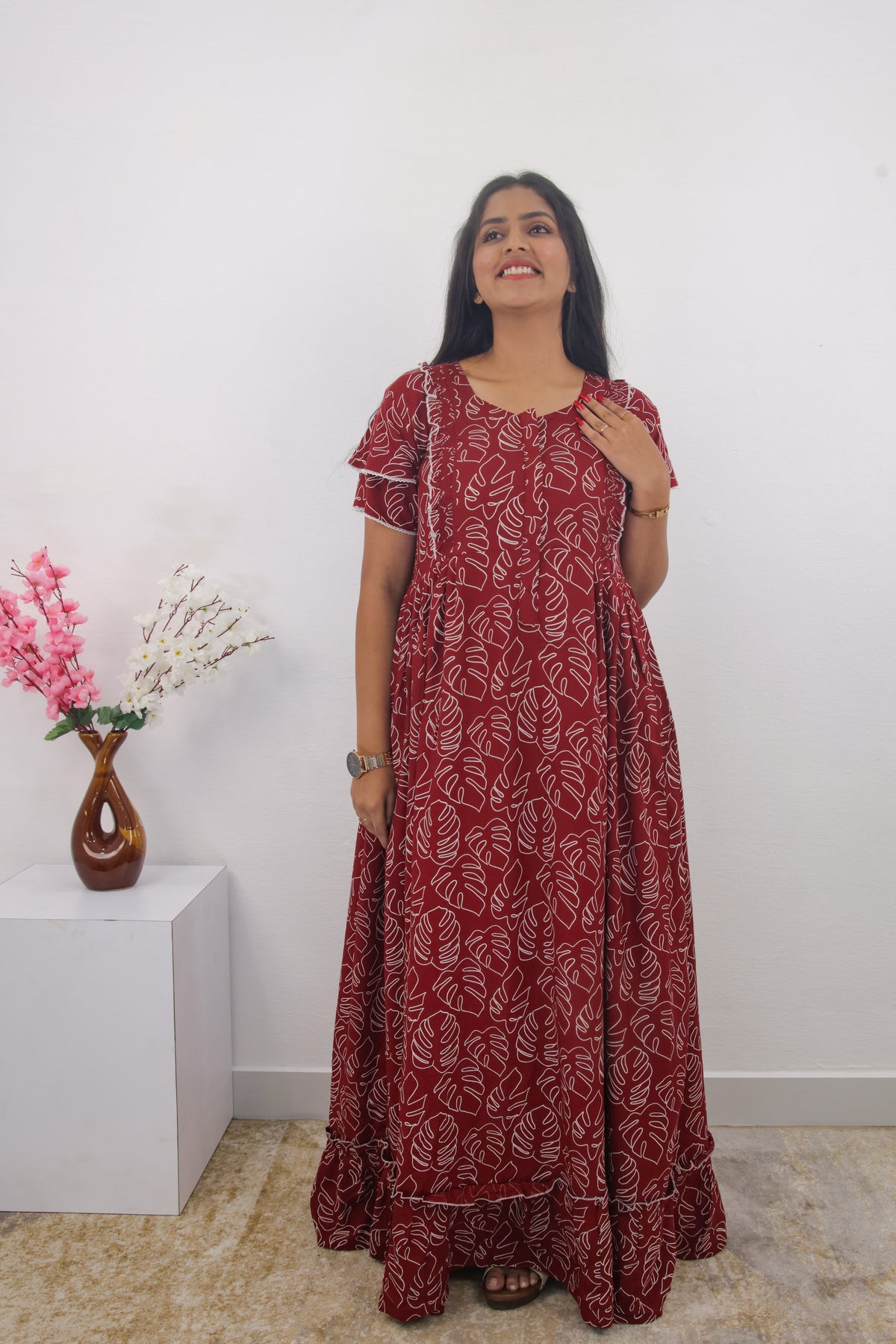 MANGAI Rayon Frock Nighties | Front Open Lengthy Zipper Comforts Feeding | Fancy Double Layered Sleeve's | Post & Pre Pregnancy's and Casual Wear | Side Pocket |Versatile Rayon Frock Night Gown's for Stylish Women's (RPW)