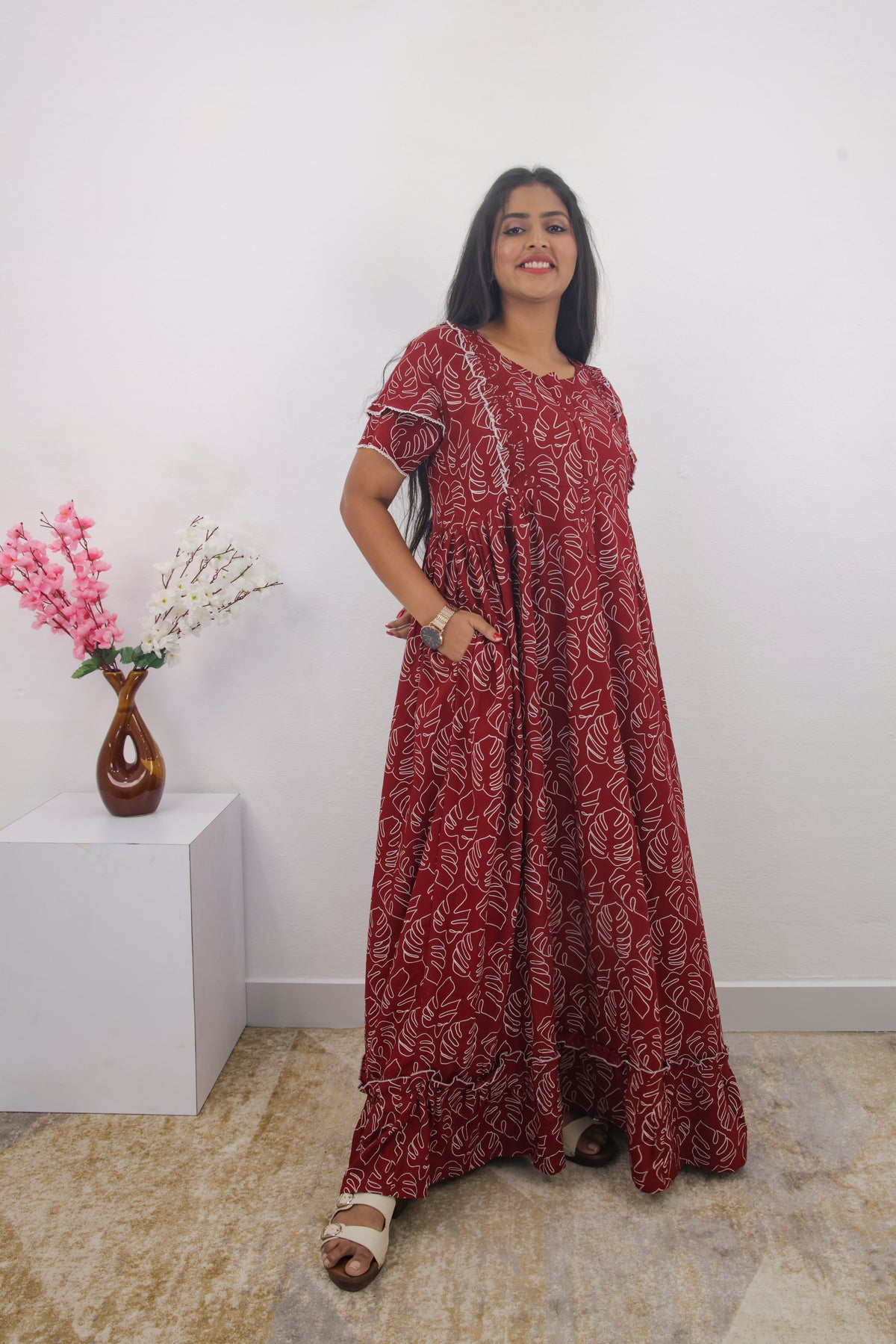 MANGAI Rayon Frock Nighties | Front Open Lengthy Zipper Comforts Feeding | Fancy Double Layered Sleeve's | Post & Pre Pregnancy's and Casual Wear | Side Pocket |Versatile Rayon Frock Night Gown's for Stylish Women's (RPW)