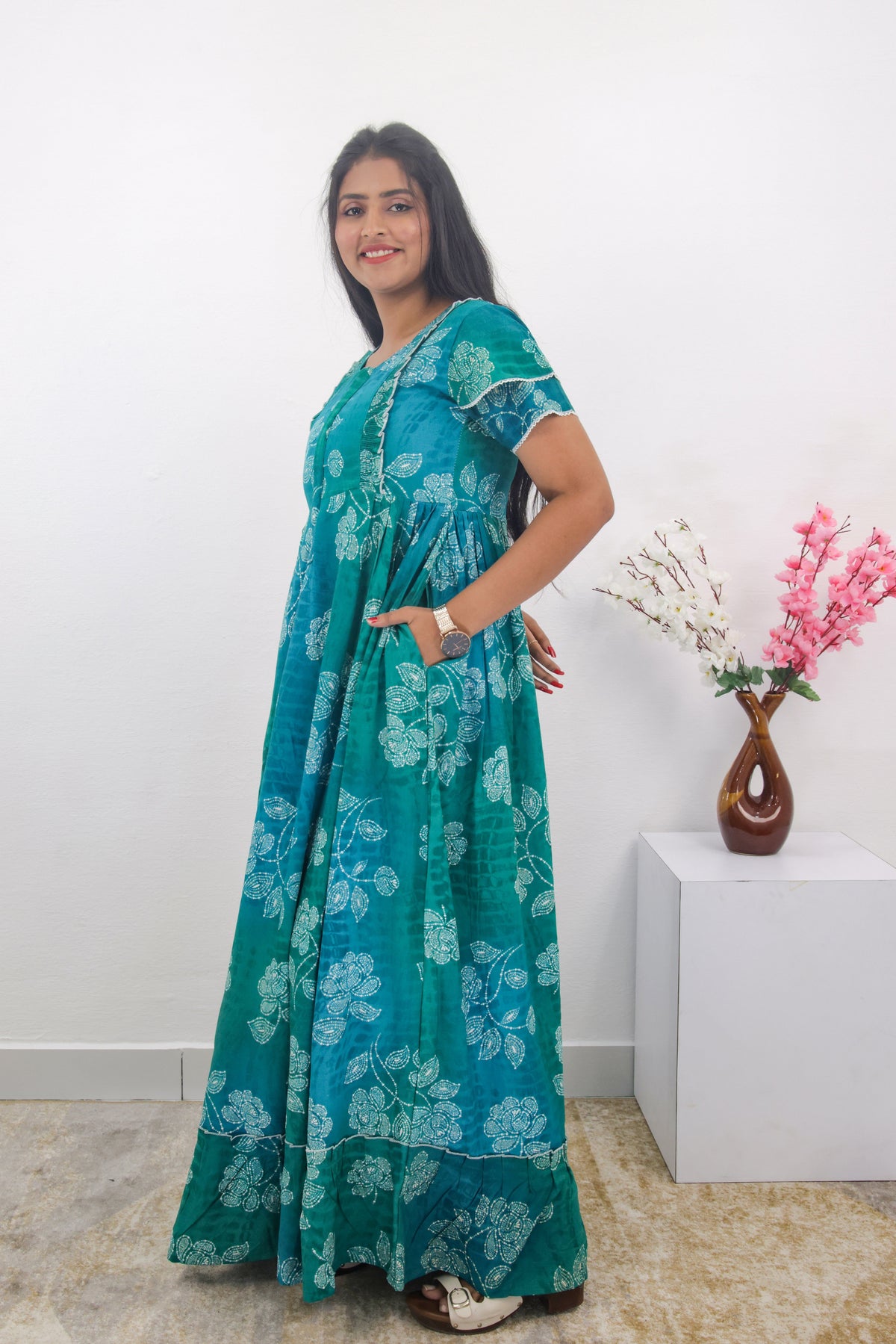 MANGAI Rayon Frock Nighties | Front Open Lengthy Zipper Comforts Feeding | Fancy Double Layered Sleeve's | Post & Pre Pregnancy's and Casual Wear | Side Pocket |Versatile Rayon Frock Night Gown's for Stylish Women's (RPW)