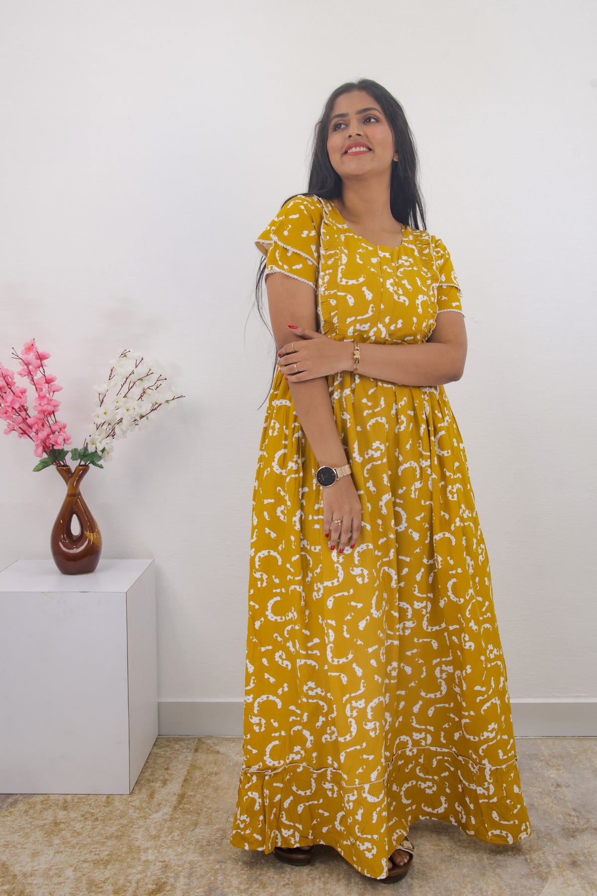 MANGAI Rayon Frock Nighties | Front Open Lengthy Zipper Comforts Feeding | Fancy Double Layered Sleeve's | Post & Pre Pregnancy's and Casual Wear | Side Pocket |Versatile Rayon Frock Night Gown's for Stylish Women's (RPW)