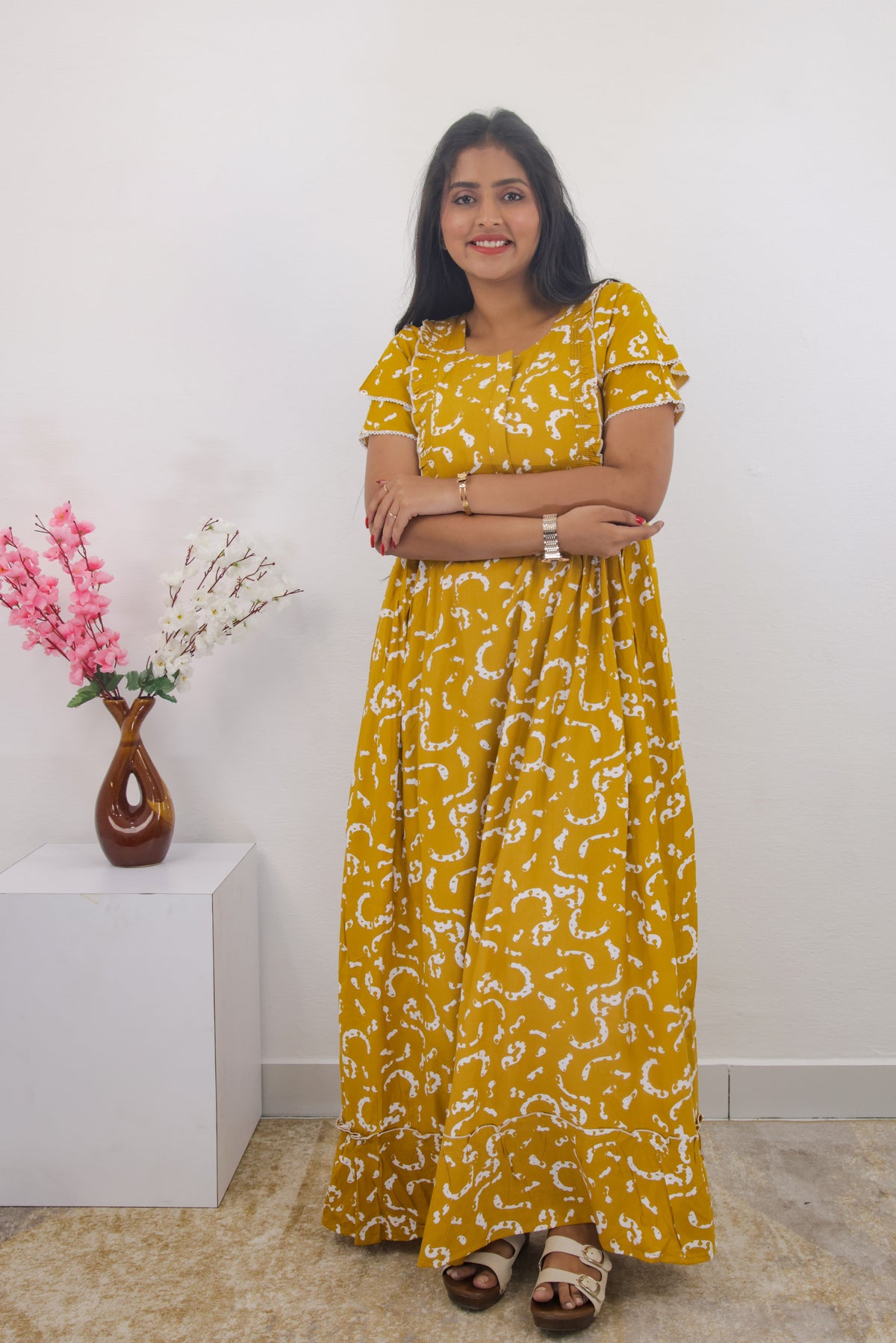 MANGAI Rayon Frock Nighties | Front Open Lengthy Zipper Comforts Feeding | Fancy Double Layered Sleeve's | Post & Pre Pregnancy's and Casual Wear | Side Pocket |Versatile Rayon Frock Night Gown's for Stylish Women's (RPW)