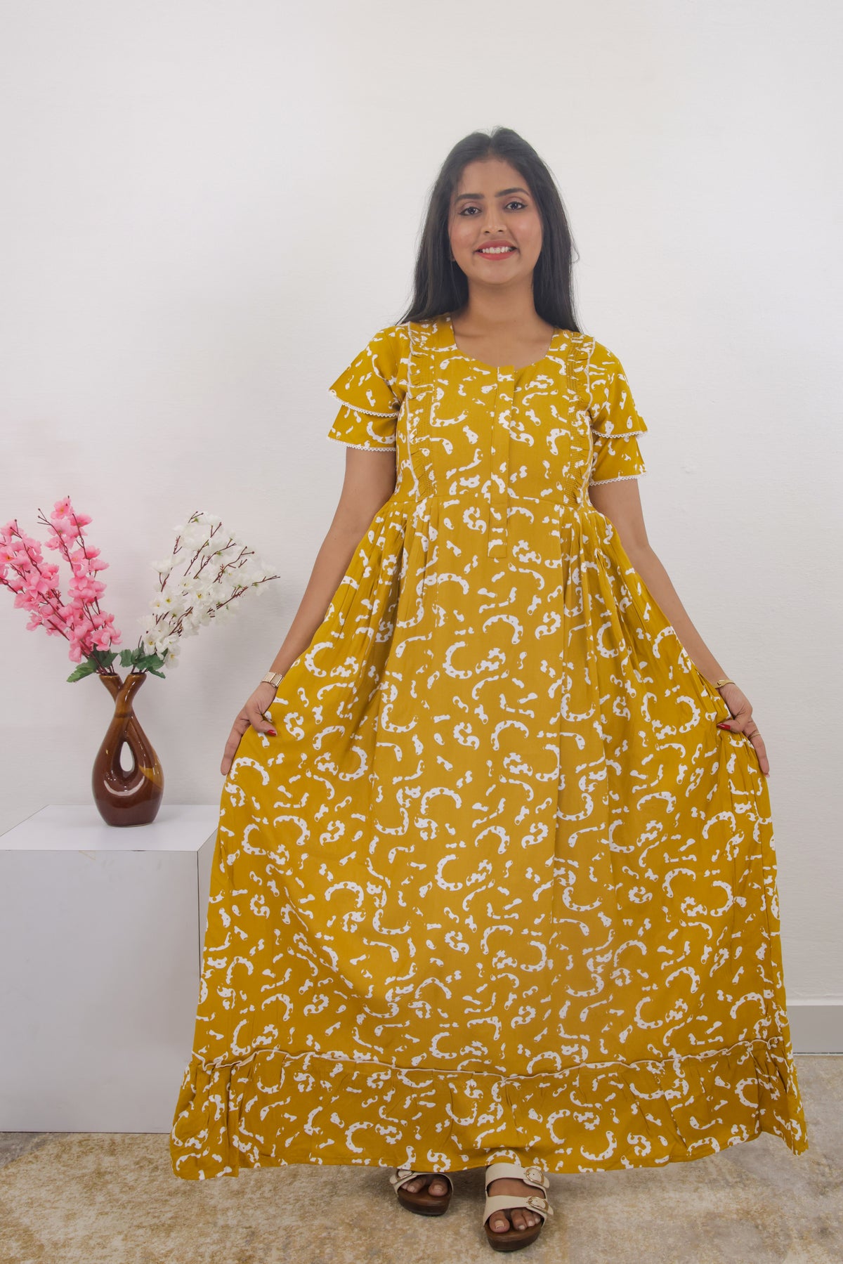 MANGAI Rayon Frock Nighties | Front Open Lengthy Zipper Comforts Feeding | Fancy Double Layered Sleeve's | Post & Pre Pregnancy's and Casual Wear | Side Pocket |Versatile Rayon Frock Night Gown's for Stylish Women's (RPW)