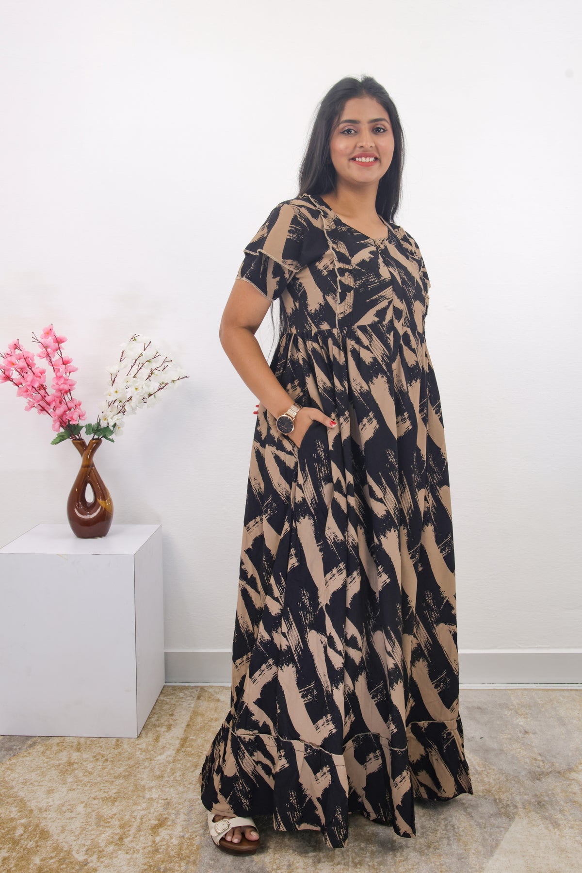 MANGAI Rayon Frock Nighties | Front Open Lengthy Zipper Comforts Feeding | Fancy Double Layered Sleeve's | Post & Pre Pregnancy's and Casual Wear | Side Pocket |Versatile Rayon Frock Night Gown's for Stylish Women's (RPW)