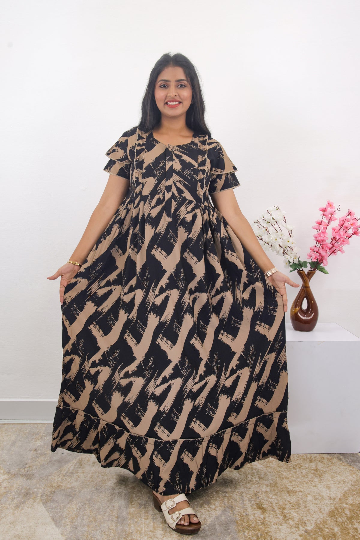 MANGAI Rayon Frock Nighties | Front Open Lengthy Zipper Comforts Feeding | Fancy Double Layered Sleeve's | Post & Pre Pregnancy's and Casual Wear | Side Pocket |Versatile Rayon Frock Night Gown's for Stylish Women's (RPW)