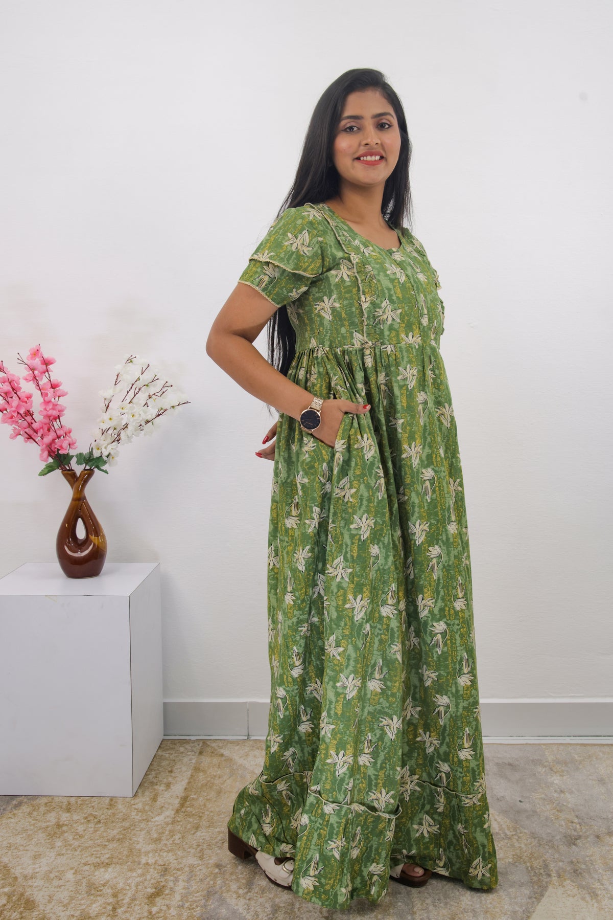 MANGAI Rayon Frock Nighties | Front Open Lengthy Zipper Comforts Feeding | Fancy Double Layered Sleeve's | Post & Pre Pregnancy's and Casual Wear | Side Pocket |Versatile Rayon Frock Night Gown's for Stylish Women's (RPW)