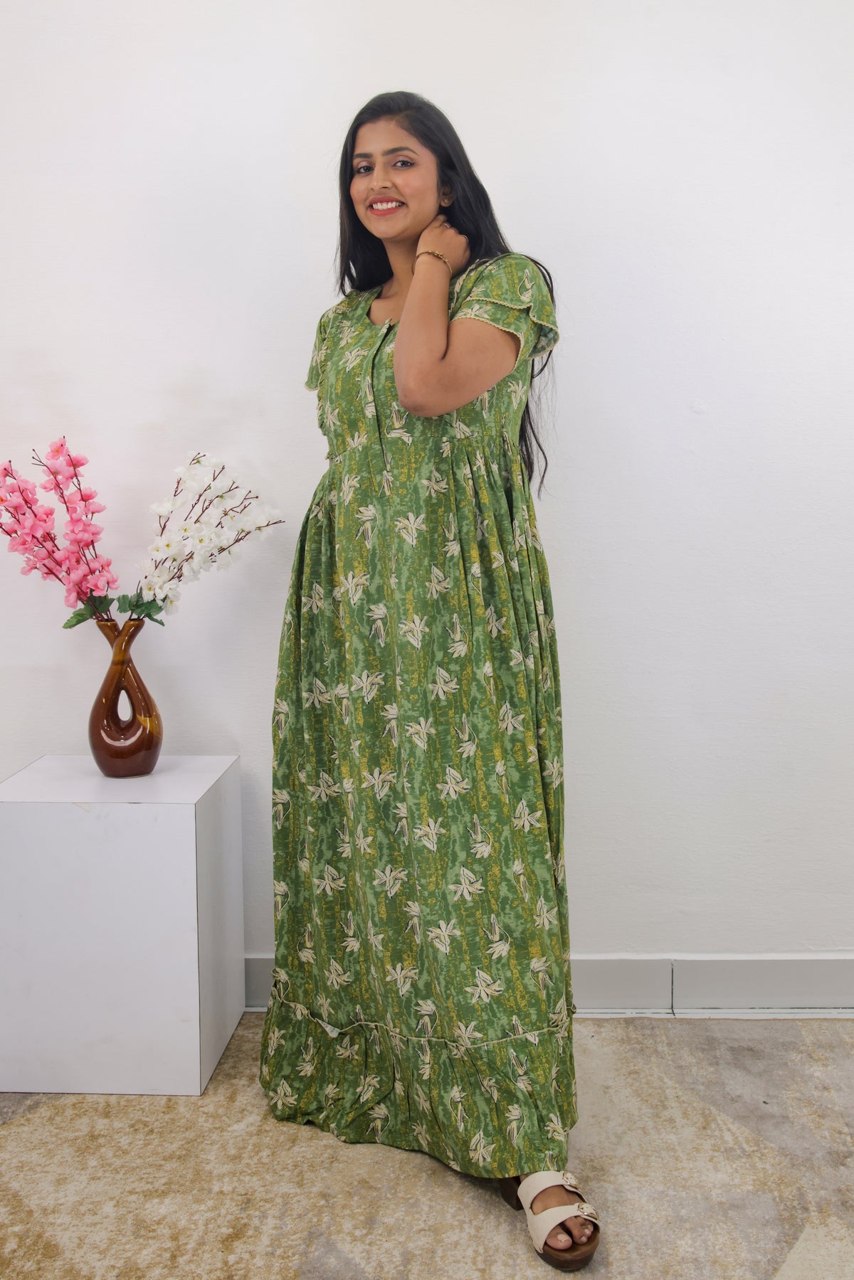 MANGAI Rayon Frock Nighties | Front Open Lengthy Zipper Comforts Feeding | Fancy Double Layered Sleeve's | Post & Pre Pregnancy's and Casual Wear | Side Pocket |Versatile Rayon Frock Night Gown's for Stylish Women's (RPW)