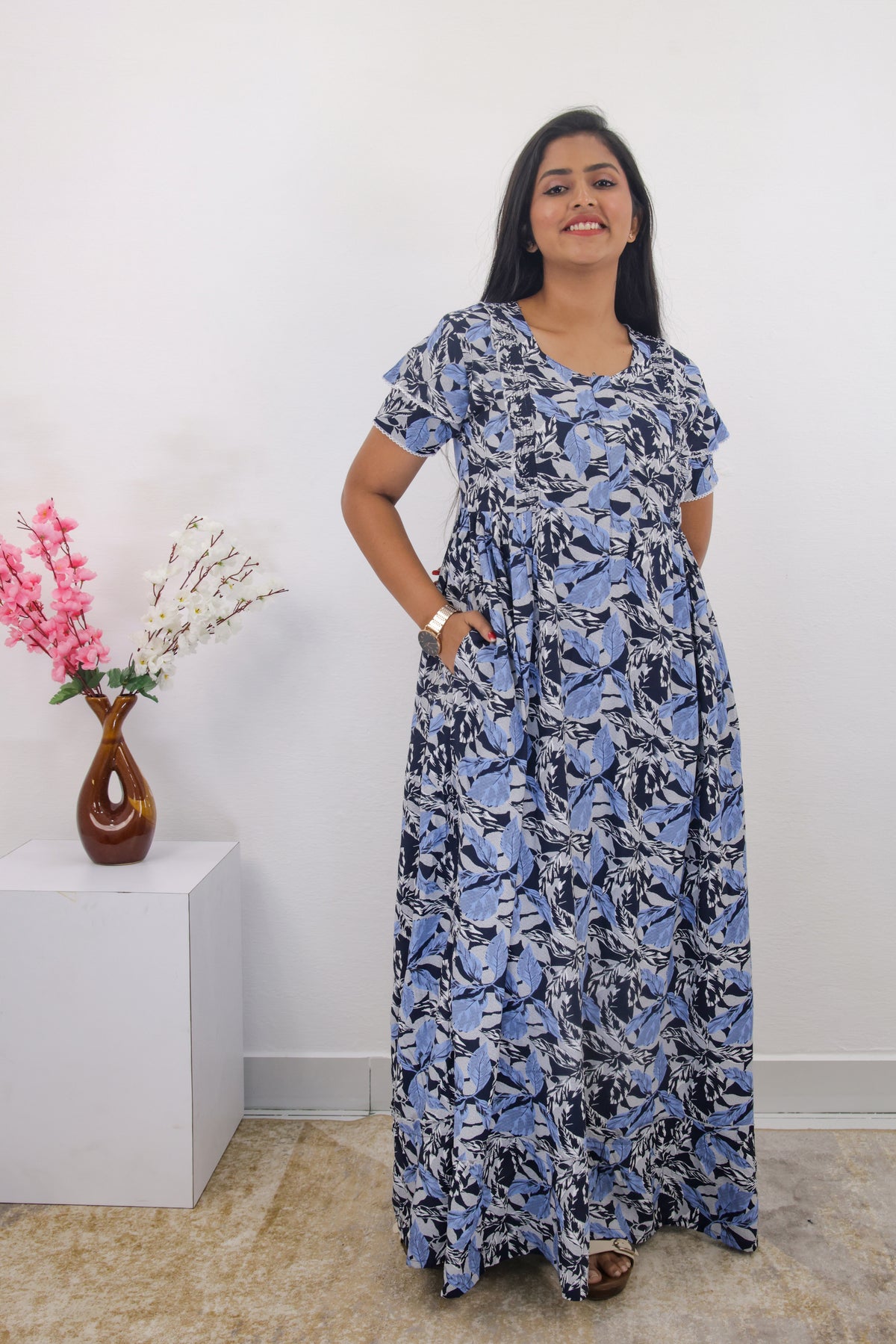 MANGAI Rayon Frock Nighties | Front Open Lengthy Zipper Comforts Feeding | Fancy Double Layered Sleeve's | Post & Pre Pregnancy's and Casual Wear | Side Pocket |Versatile Rayon Frock Night Gown's for Stylish Women's (RPW)