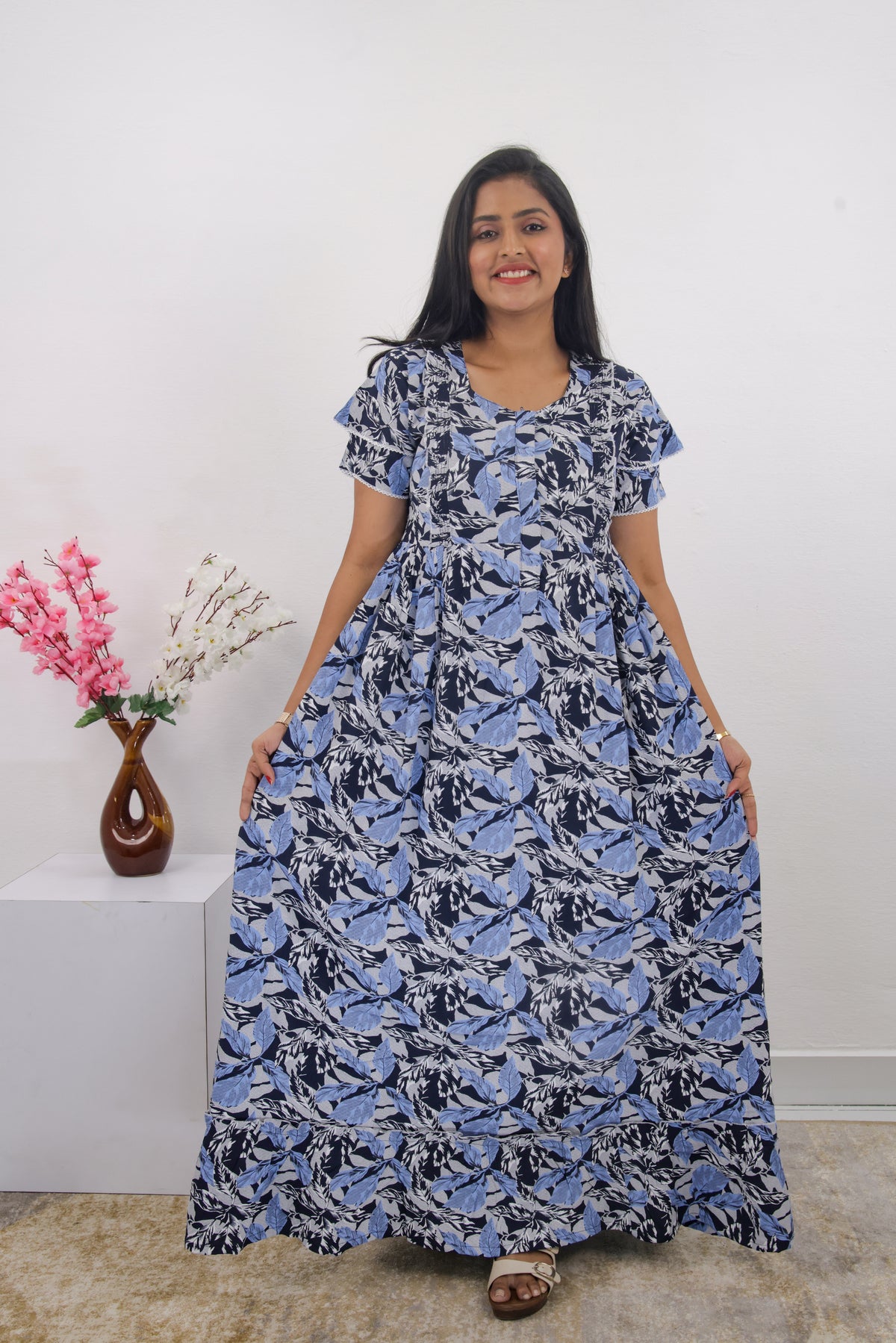 MANGAI Rayon Frock Nighties | Front Open Lengthy Zipper Comforts Feeding | Fancy Double Layered Sleeve's | Post & Pre Pregnancy's and Casual Wear | Side Pocket |Versatile Rayon Frock Night Gown's for Stylish Women's (RPW)