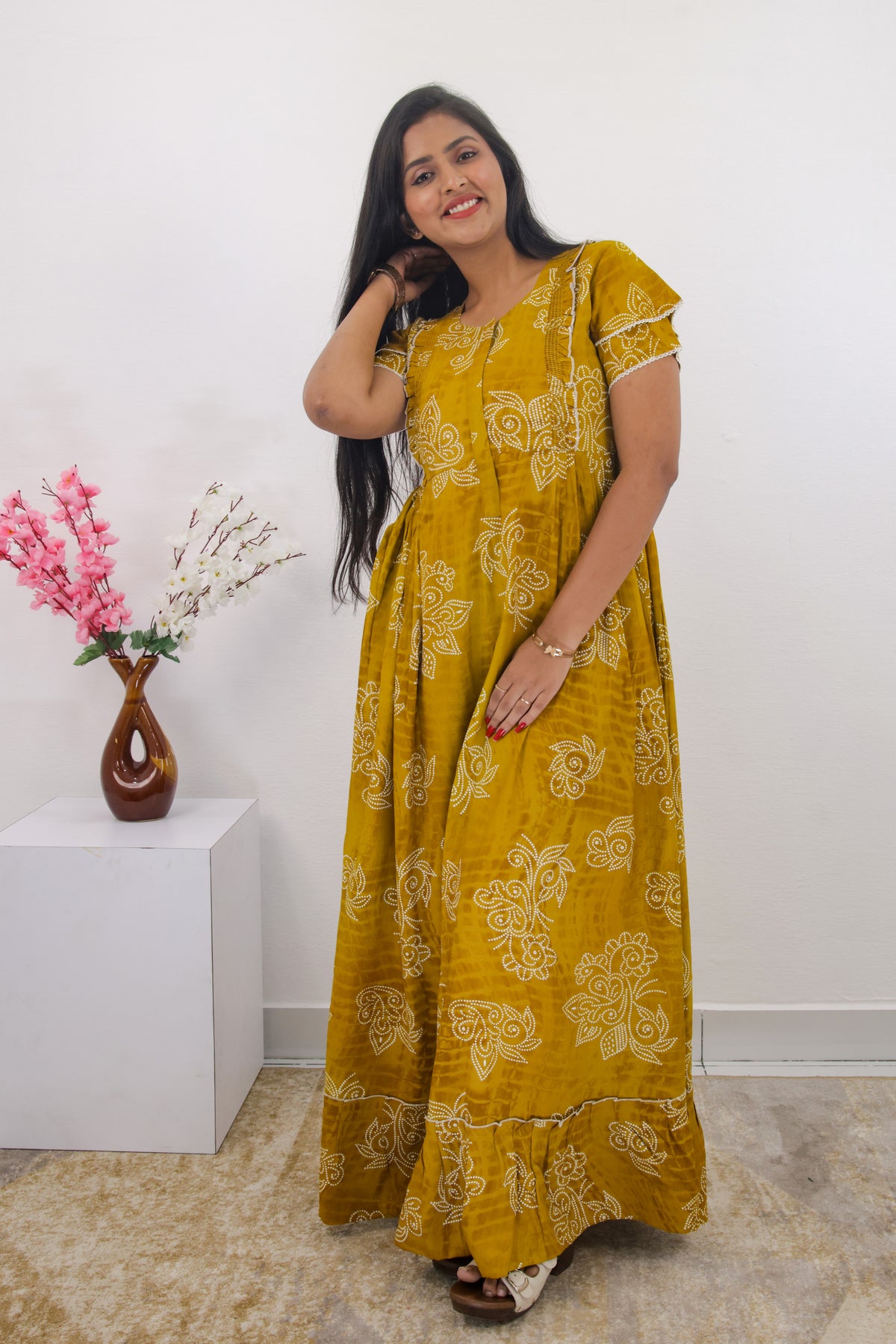 MANGAI Rayon Frock Nighties | Front Open Lengthy Zipper Comforts Feeding | Fancy Double Layered Sleeve's | Post & Pre Pregnancy's and Casual Wear | Side Pocket |Versatile Rayon Frock Night Gown's for Stylish Women's (RPW)