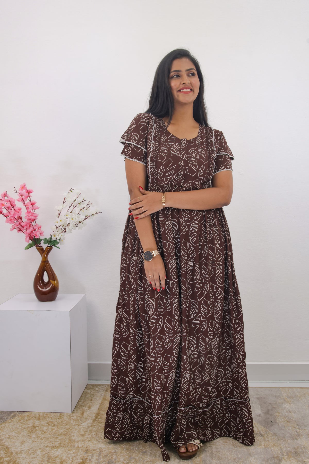 MANGAI Rayon Frock Nighties | Front Open Lengthy Zipper Comforts Feeding | Fancy Double Layered Sleeve's | Post & Pre Pregnancy's and Casual Wear | Side Pocket |Versatile Rayon Frock Night Gown's for Stylish Women's (RPW)