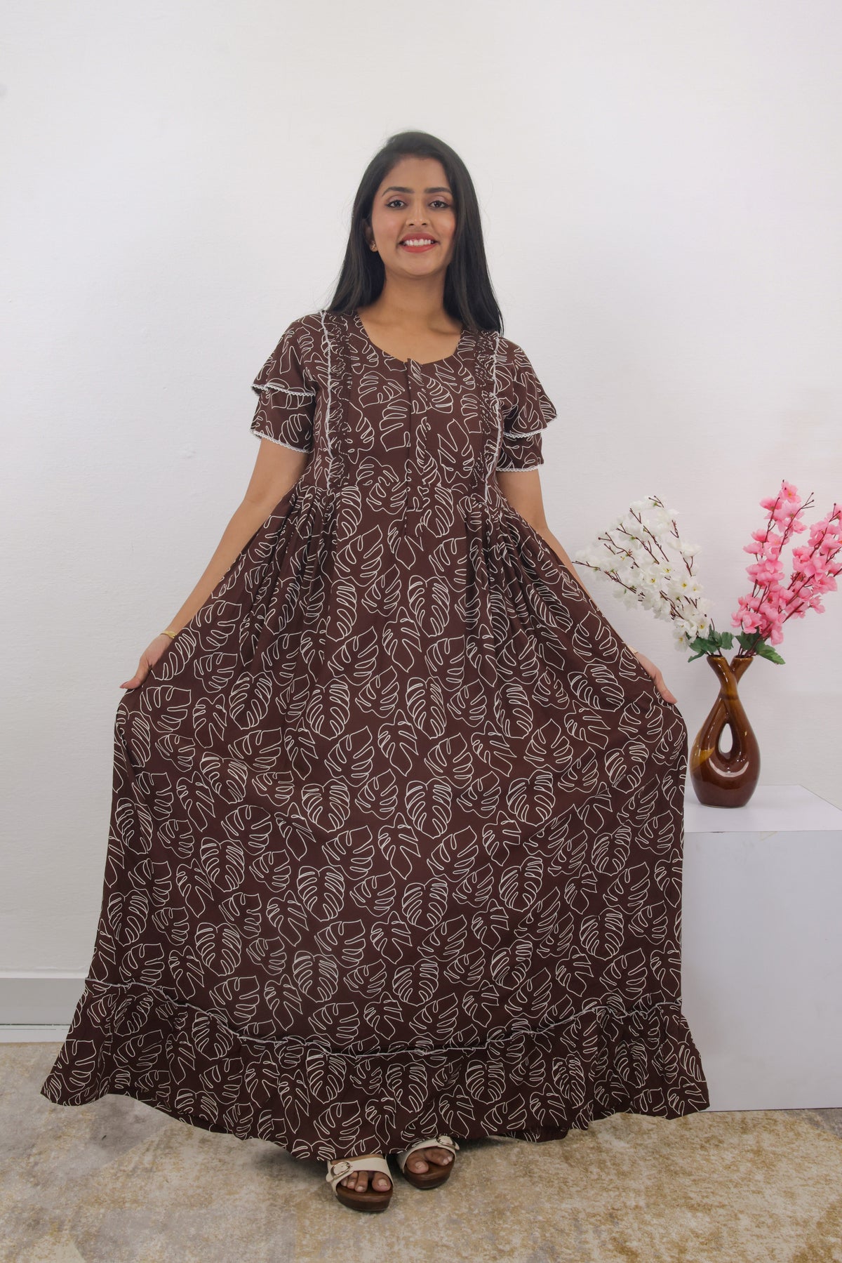 MANGAI Rayon Frock Nighties | Front Open Lengthy Zipper Comforts Feeding | Fancy Double Layered Sleeve's | Post & Pre Pregnancy's and Casual Wear | Side Pocket |Versatile Rayon Frock Night Gown's for Stylish Women's (RPW)