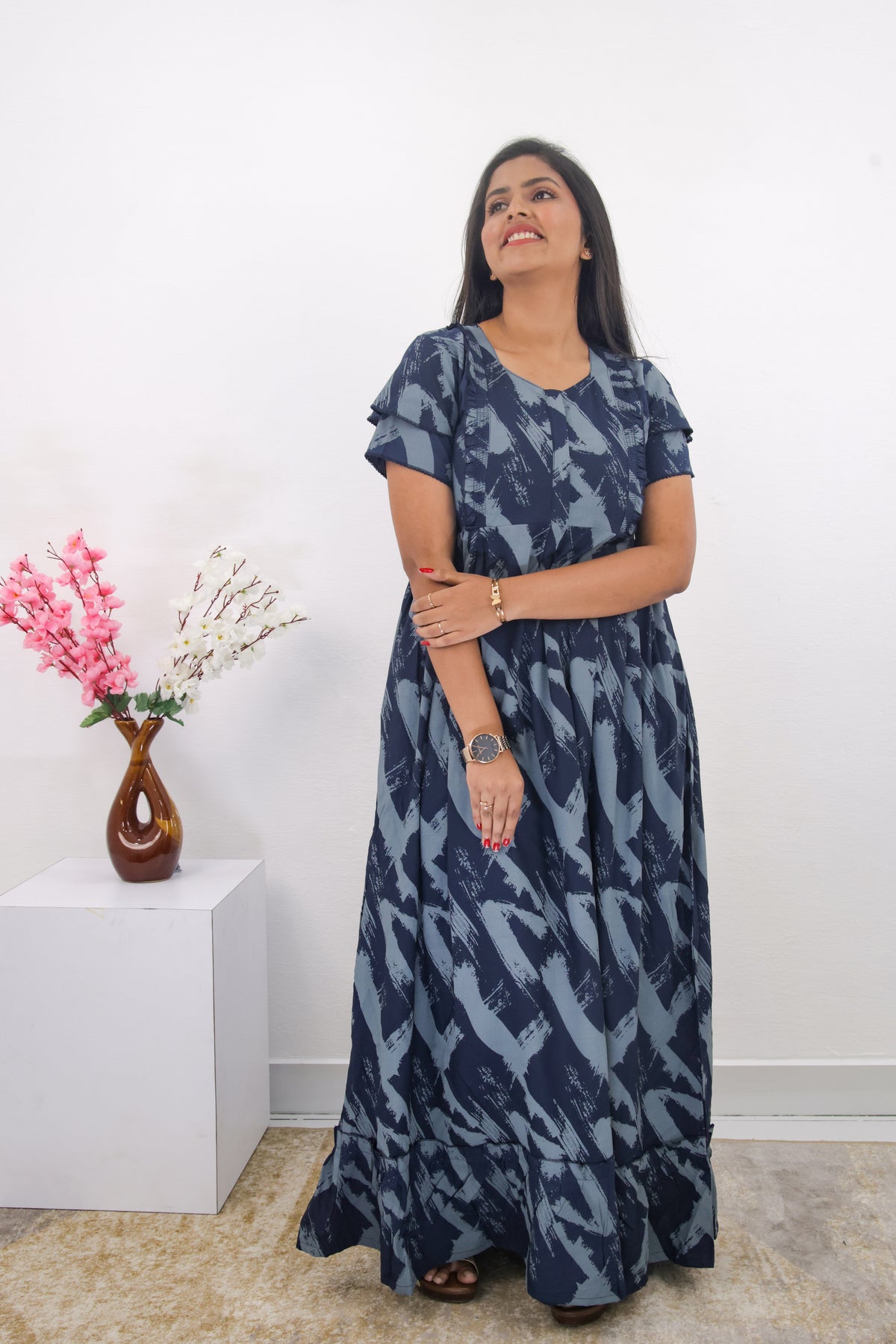 MANGAI Rayon Frock Nighties | Front Open Lengthy Zipper Comforts Feeding | Fancy Double Layered Sleeve's | Post & Pre Pregnancy's and Casual Wear | Side Pocket |Versatile Rayon Frock Night Gown's for Stylish Women's (RPW)