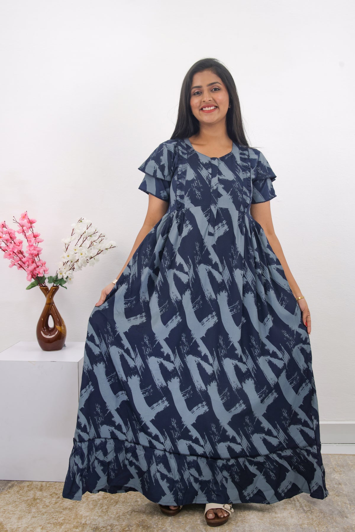 MANGAI Rayon Frock Nighties | Front Open Lengthy Zipper Comforts Feeding | Fancy Double Layered Sleeve's | Post & Pre Pregnancy's and Casual Wear | Side Pocket |Versatile Rayon Frock Night Gown's for Stylish Women's (RPW)