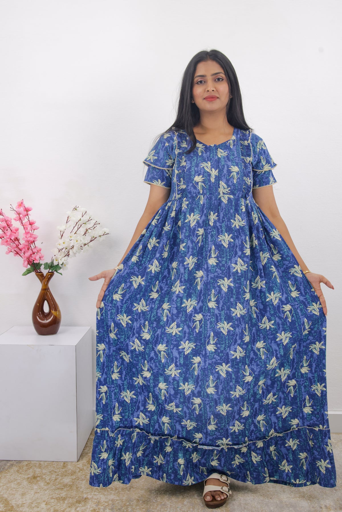 MANGAI Rayon Frock Nighties | Front Open Lengthy Zipper Comforts Feeding | Fancy Double Layered Sleeve's | Post & Pre Pregnancy's and Casual Wear | Side Pocket |Versatile Rayon Frock Night Gown's for Stylish Women's (RPW)