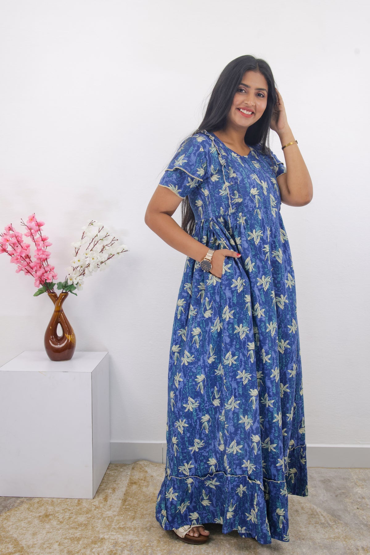MANGAI Rayon Frock Nighties | Front Open Lengthy Zipper Comforts Feeding | Fancy Double Layered Sleeve's | Post & Pre Pregnancy's and Casual Wear | Side Pocket |Versatile Rayon Frock Night Gown's for Stylish Women's (RPW)