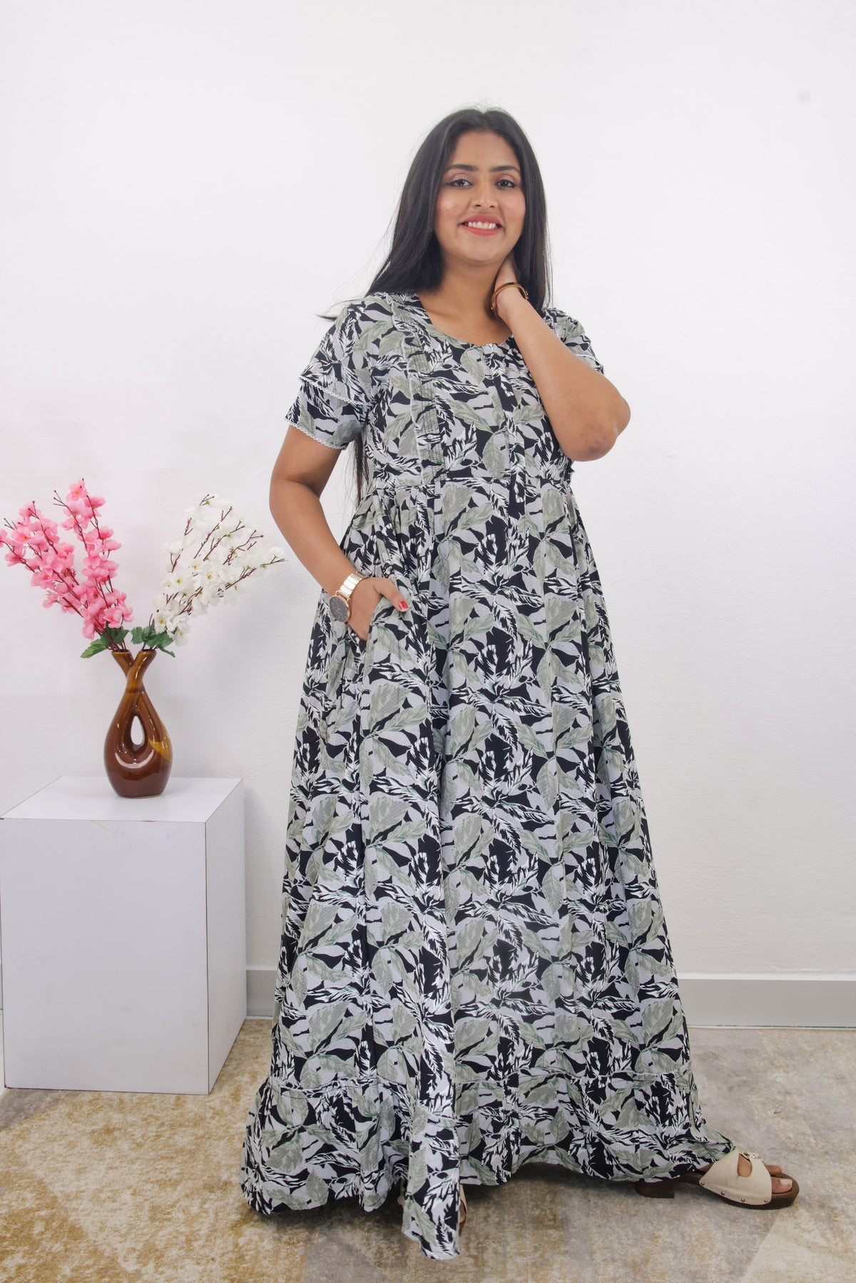 MANGAI Rayon Frock Nighties | Front Open Lengthy Zipper Comforts Feeding | Fancy Double Layered Sleeve's | Post & Pre Pregnancy's and Casual Wear | Side Pocket |Versatile Rayon Frock Night Gown's for Stylish Women's (RPW)