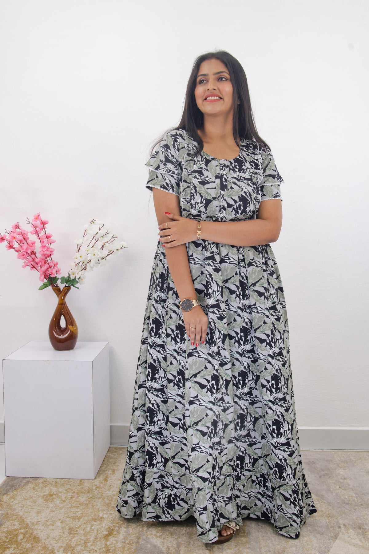 MANGAI Rayon Frock Nighties | Front Open Lengthy Zipper Comforts Feeding | Fancy Double Layered Sleeve's | Post & Pre Pregnancy's and Casual Wear | Side Pocket |Versatile Rayon Frock Night Gown's for Stylish Women's (RPW)