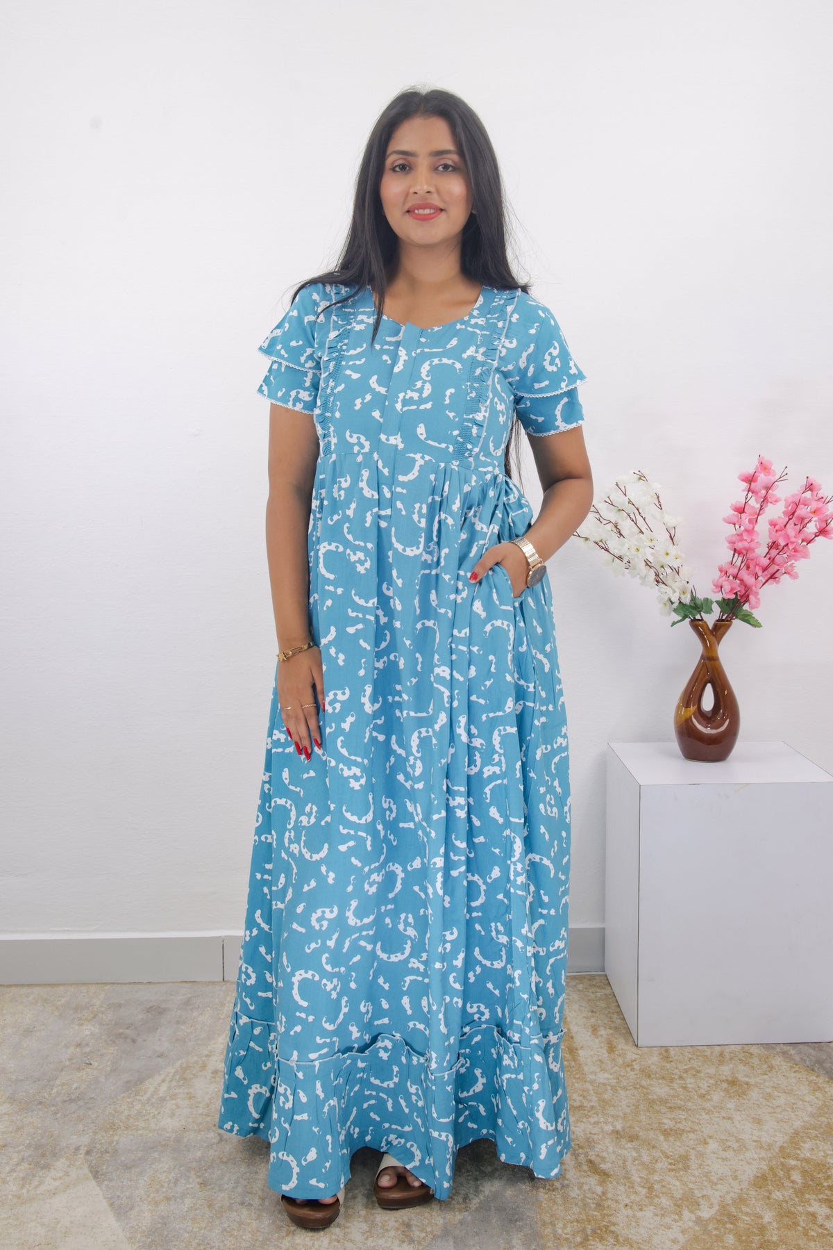 MANGAI Rayon Frock Nighties | Front Open Lengthy Zipper Comforts Feeding | Fancy Double Layered Sleeve's | Post & Pre Pregnancy's and Casual Wear | Side Pocket |Versatile Rayon Frock Night Gown's for Stylish Women's (RPW)