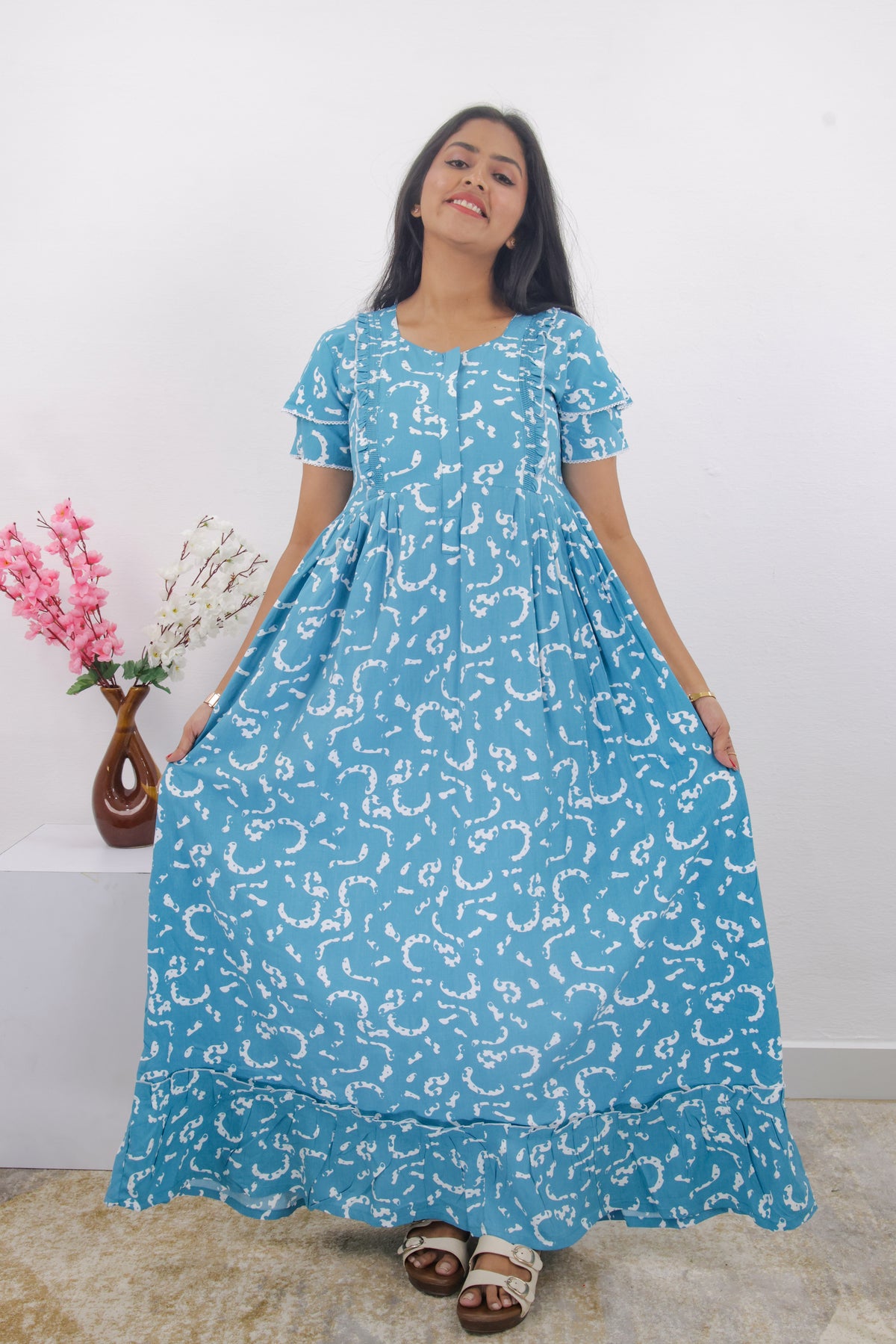 MANGAI Rayon Frock Nighties | Front Open Lengthy Zipper Comforts Feeding | Fancy Double Layered Sleeve's | Post & Pre Pregnancy's and Casual Wear | Side Pocket |Versatile Rayon Frock Night Gown's for Stylish Women's (RPW)