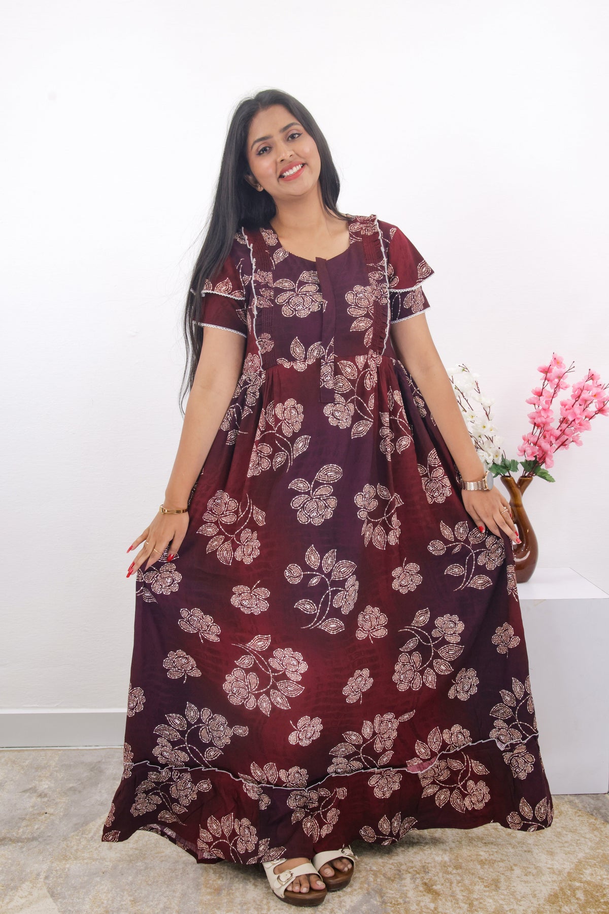 MANGAI Rayon Frock Nighties | Front Open Lengthy Zipper Comforts Feeding | Fancy Double Layered Sleeve's | Post & Pre Pregnancy's and Casual Wear | Side Pocket |Versatile Rayon Frock Night Gown's for Stylish Women's (RPW)