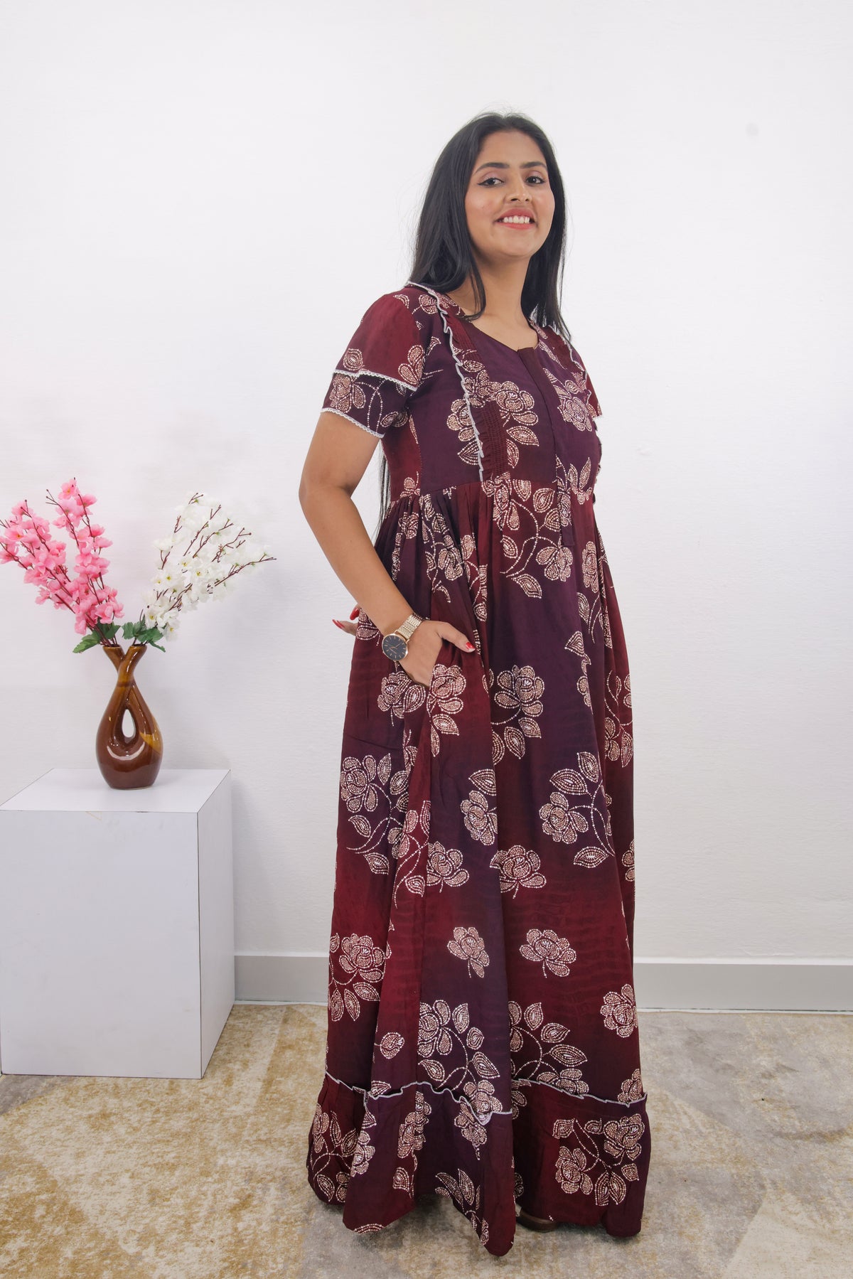 MANGAI Rayon Frock Nighties | Front Open Lengthy Zipper Comforts Feeding | Fancy Double Layered Sleeve's | Post & Pre Pregnancy's and Casual Wear | Side Pocket |Versatile Rayon Frock Night Gown's for Stylish Women's (RPW)
