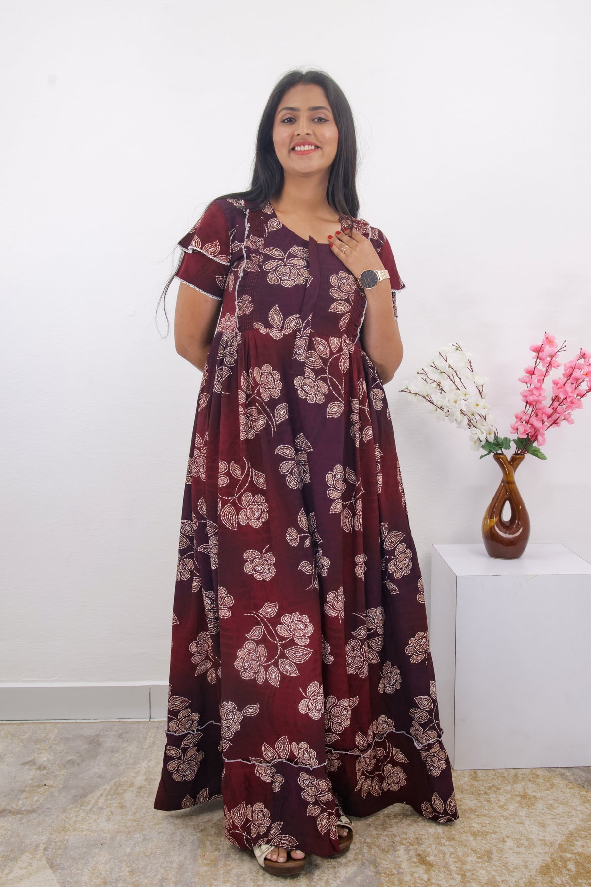 MANGAI Rayon Frock Nighties | Front Open Lengthy Zipper Comforts Feeding | Fancy Double Layered Sleeve's | Post & Pre Pregnancy's and Casual Wear | Side Pocket |Versatile Rayon Frock Night Gown's for Stylish Women's (RPW)