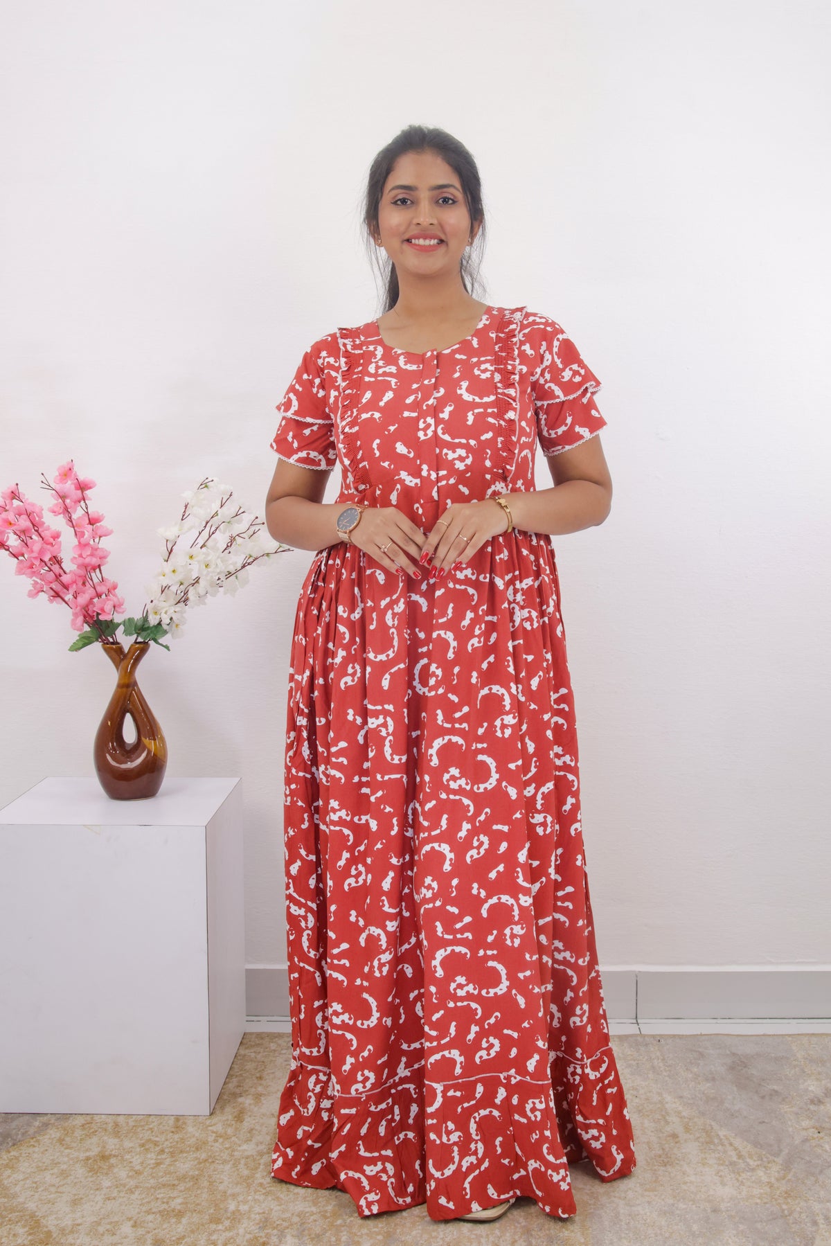 MANGAI Rayon Frock Nighties | Front Open Lengthy Zipper Comforts Feeding | Fancy Double Layered Sleeve's | Post & Pre Pregnancy's and Casual Wear | Side Pocket |Versatile Rayon Frock Night Gown's for Stylish Women's (RPW)