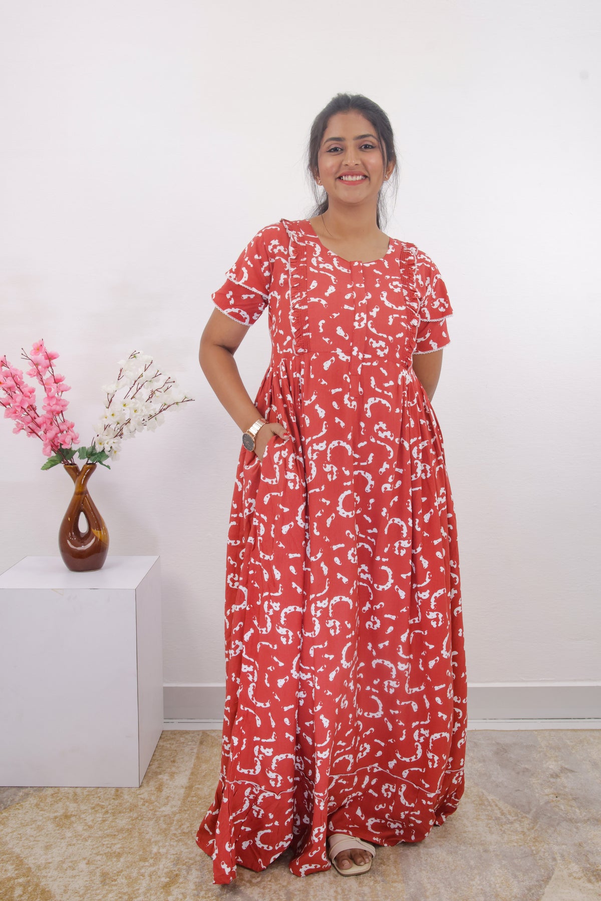 MANGAI Rayon Frock Nighties | Front Open Lengthy Zipper Comforts Feeding | Fancy Double Layered Sleeve's | Post & Pre Pregnancy's and Casual Wear | Side Pocket |Versatile Rayon Frock Night Gown's for Stylish Women's (RPW)