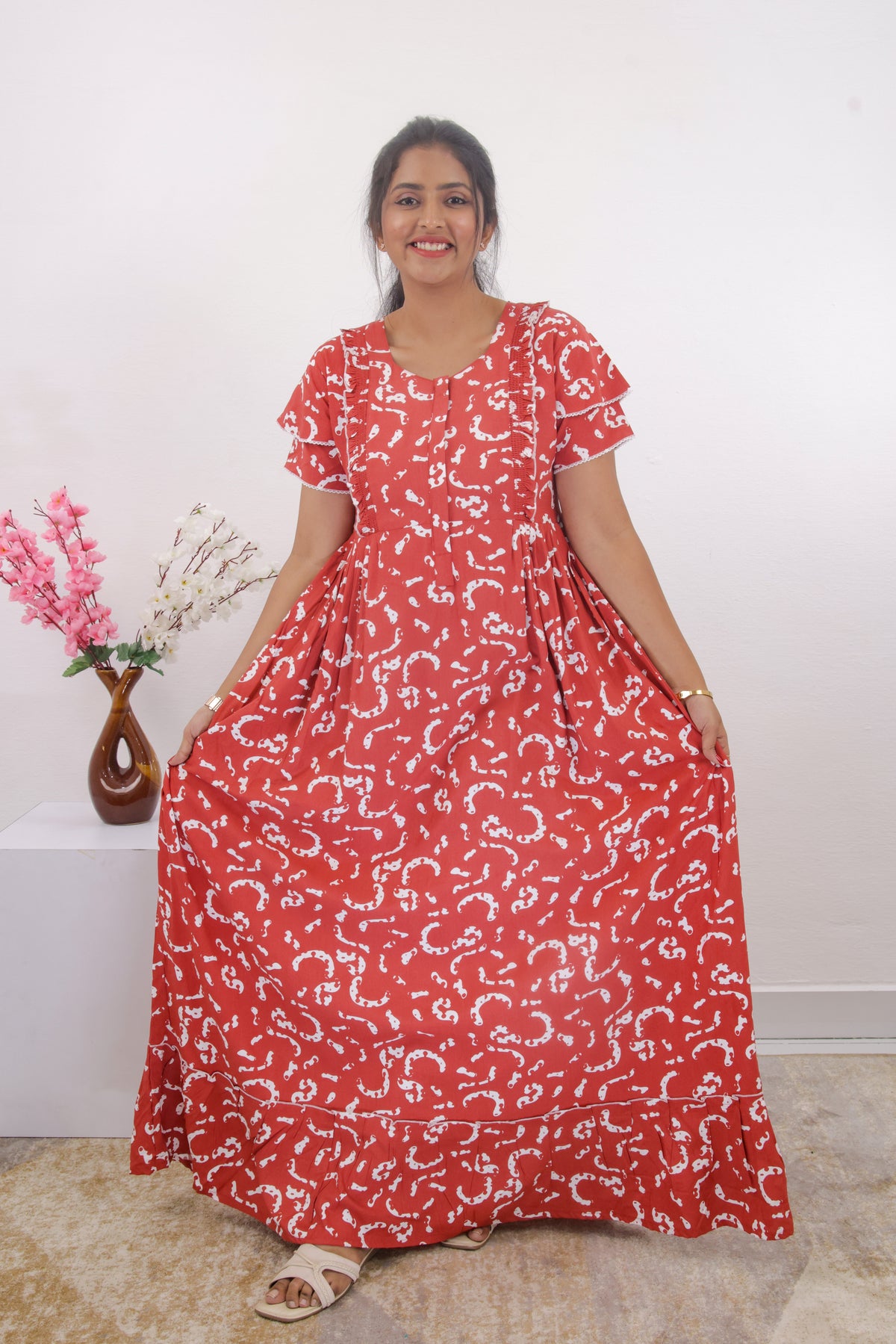 MANGAI Rayon Frock Nighties | Front Open Lengthy Zipper Comforts Feeding | Fancy Double Layered Sleeve's | Post & Pre Pregnancy's and Casual Wear | Side Pocket |Versatile Rayon Frock Night Gown's for Stylish Women's (RPW)