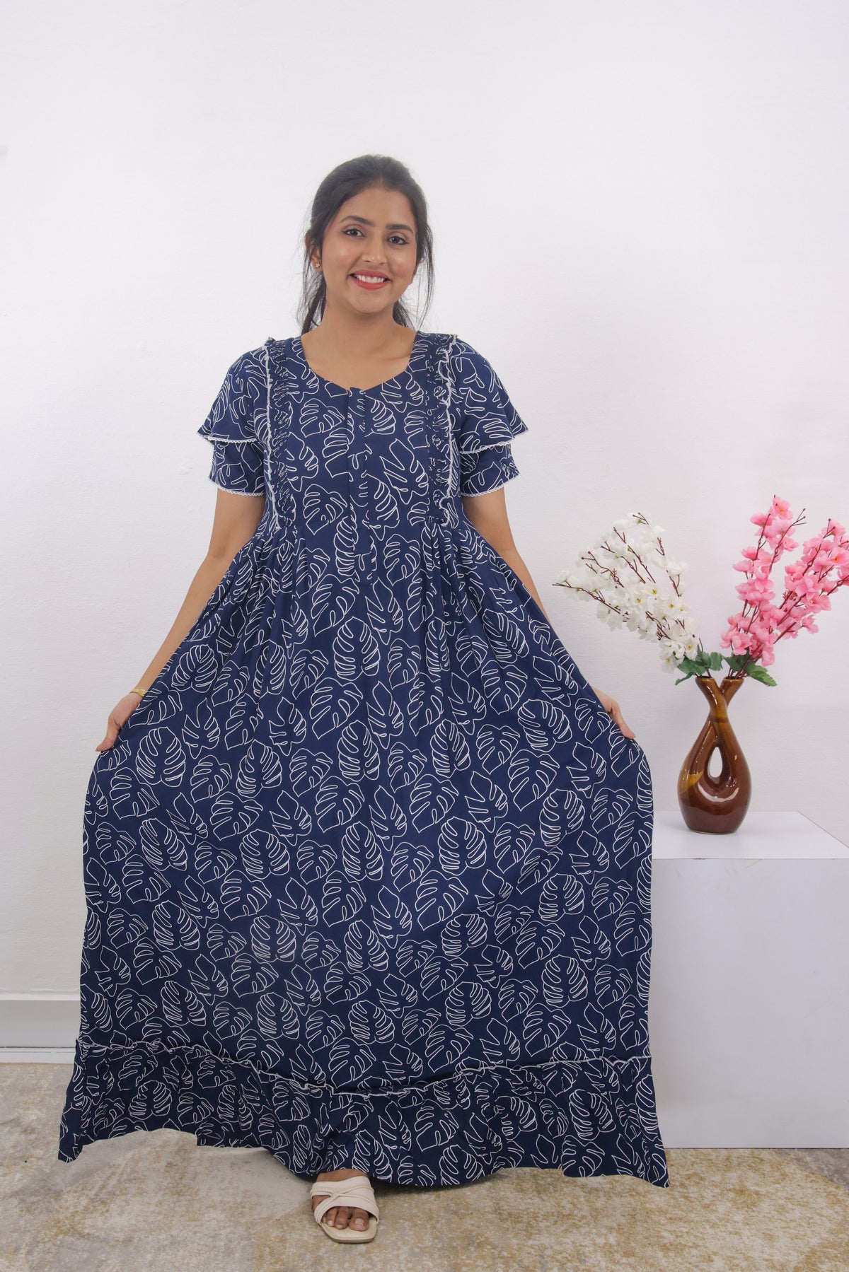 MANGAI Rayon Frock Nighties | Front Open Lengthy Zipper Comforts Feeding | Fancy Double Layered Sleeve's | Post & Pre Pregnancy's and Casual Wear | Side Pocket |Versatile Rayon Frock Night Gown's for Stylish Women's (RPW)