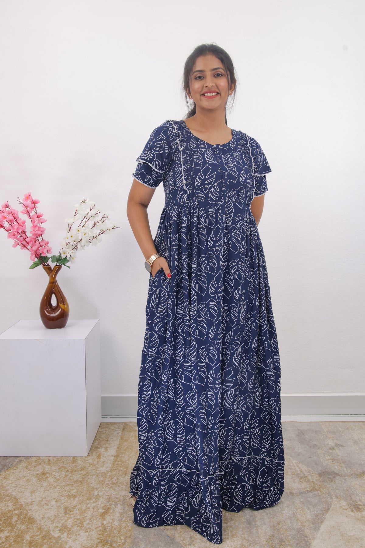 MANGAI Rayon Frock Nighties | Front Open Lengthy Zipper Comforts Feeding | Fancy Double Layered Sleeve's | Post & Pre Pregnancy's and Casual Wear | Side Pocket |Versatile Rayon Frock Night Gown's for Stylish Women's (RPW)