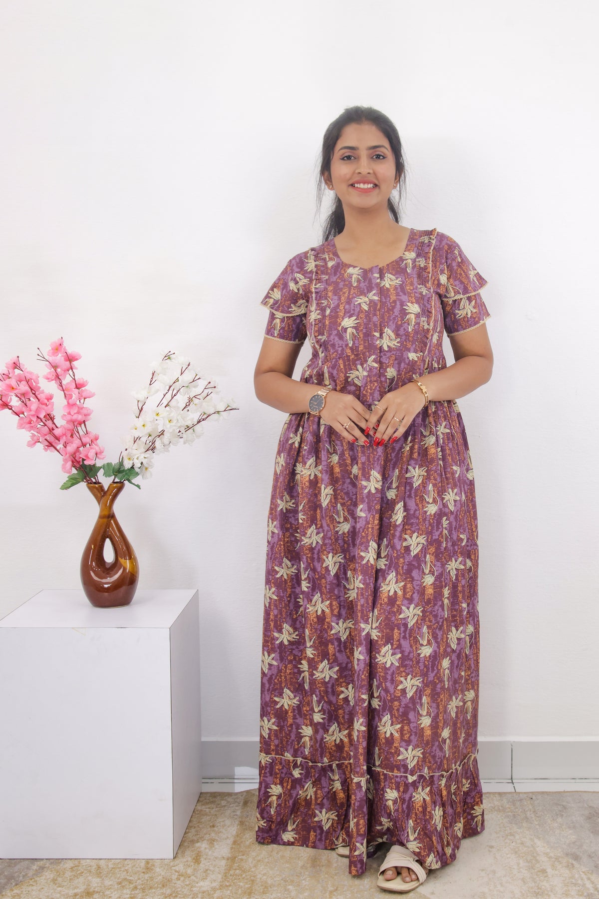 MANGAI Rayon Frock Nighties | Front Open Lengthy Zipper Comforts Feeding | Fancy Double Layered Sleeve's | Post & Pre Pregnancy's and Casual Wear | Side Pocket |Versatile Rayon Frock Night Gown's for Stylish Women's (RPW)