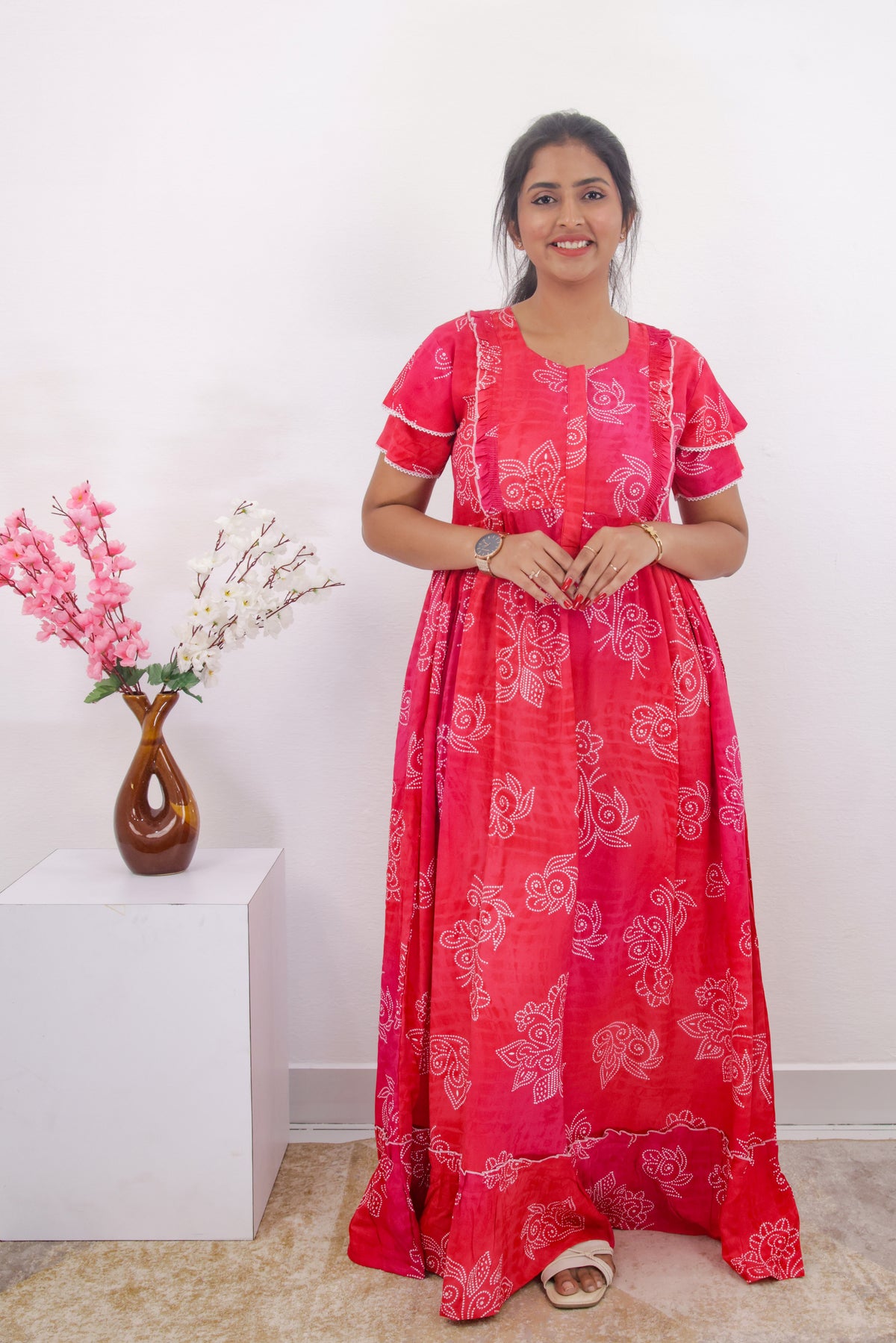 MANGAI Rayon Frock Nighties | Front Open Lengthy Zipper Comforts Feeding | Fancy Double Layered Sleeve's | Post & Pre Pregnancy's and Casual Wear | Side Pocket |Versatile Rayon Frock Night Gown's for Stylish Women's (RPW)