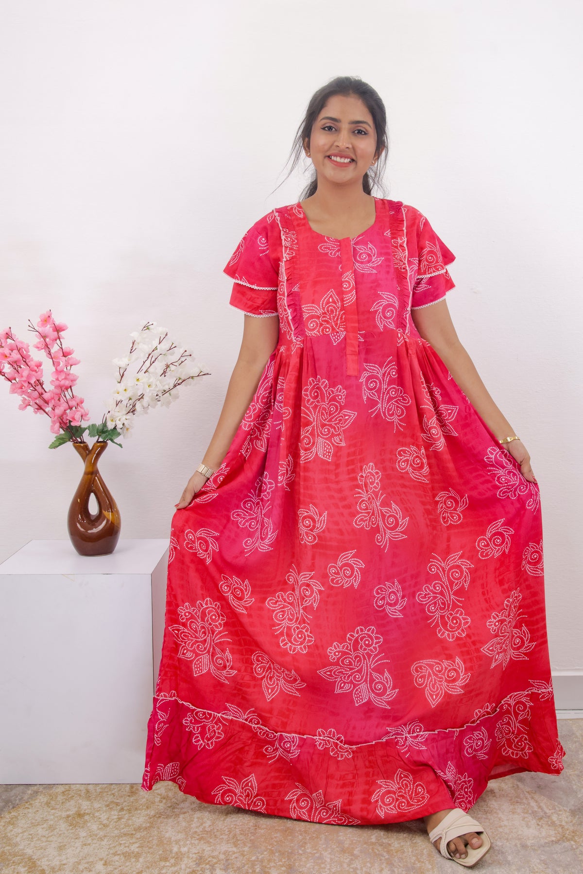 MANGAI Rayon Frock Nighties | Front Open Lengthy Zipper Comforts Feeding | Fancy Double Layered Sleeve's | Post & Pre Pregnancy's and Casual Wear | Side Pocket |Versatile Rayon Frock Night Gown's for Stylish Women's (RPW)