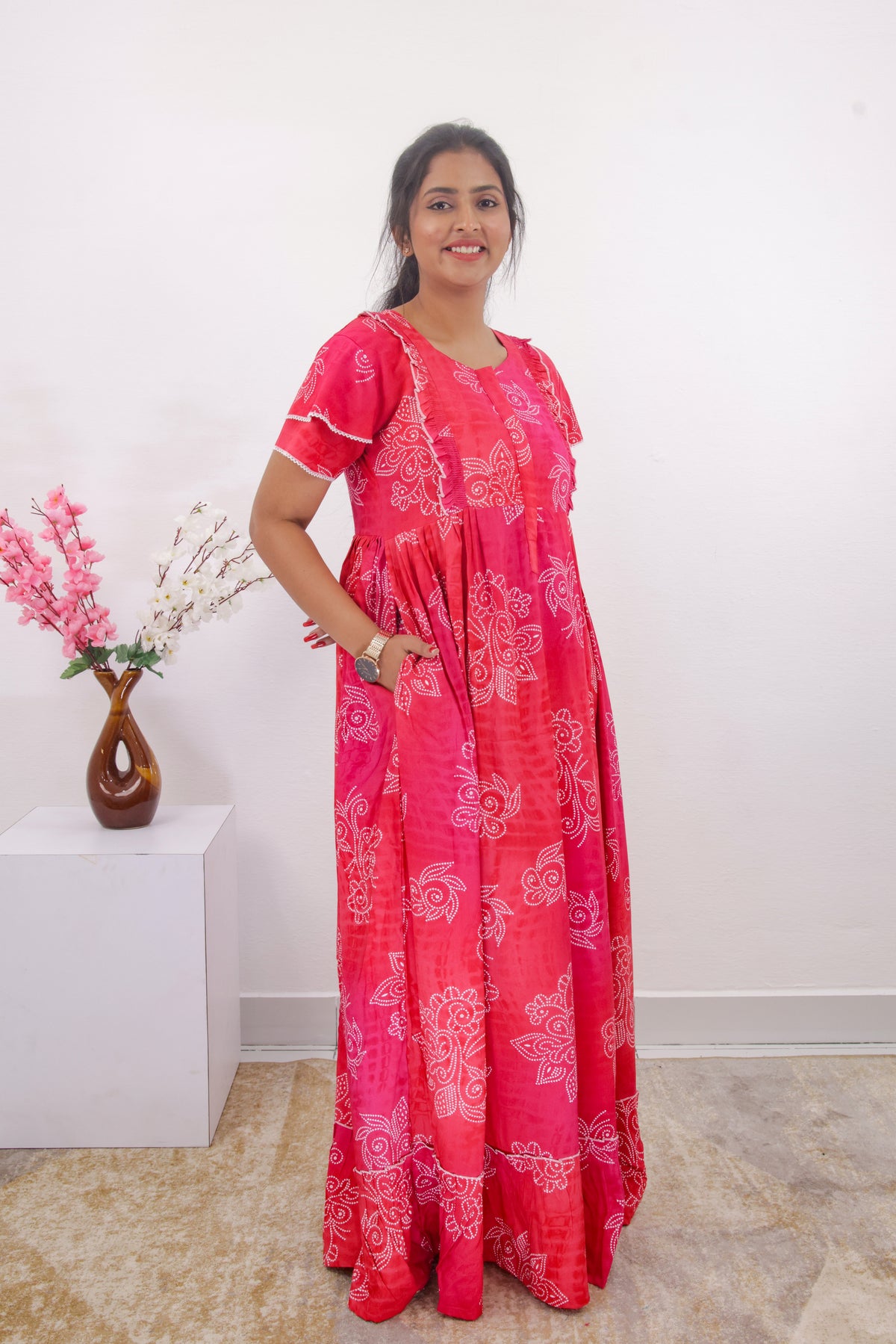 MANGAI Rayon Frock Nighties | Front Open Lengthy Zipper Comforts Feeding | Fancy Double Layered Sleeve's | Post & Pre Pregnancy's and Casual Wear | Side Pocket |Versatile Rayon Frock Night Gown's for Stylish Women's (RPW)