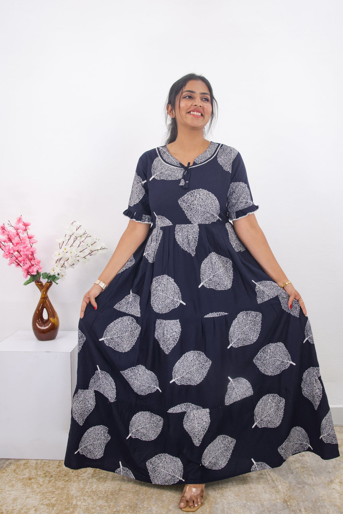 Mangai 3 Layer Frock Model Nighties Soft and Smooth Premium Quality Rayon Material , Fancy Frilled Sleeve, Side Pocket , Back tie Rope , Stylish Collection's for Trendy Women's (MRK)