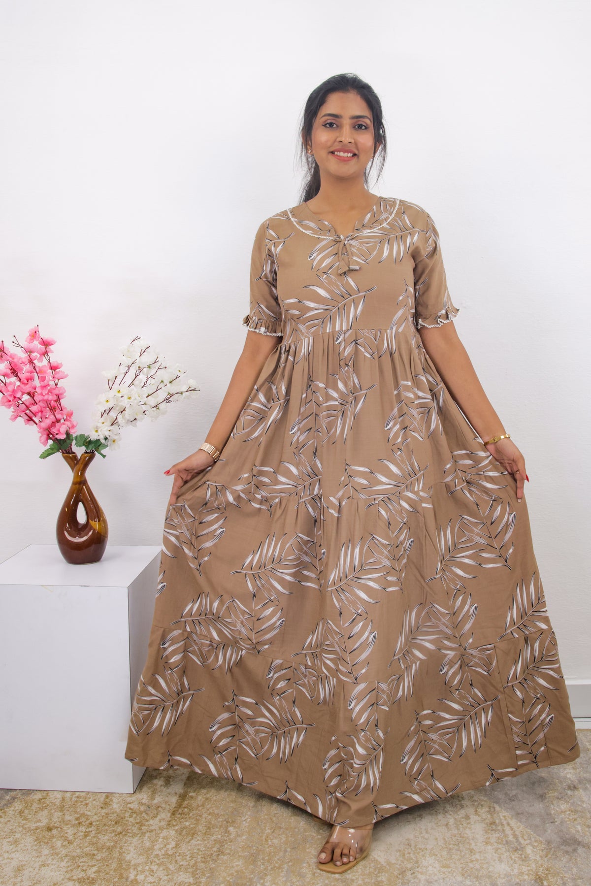 Mangai 3 Layer Frock Model Nighties Soft and Smooth Premium Quality Rayon Material , Fancy Frilled Sleeve, Side Pocket , Back tie Rope , Stylish Collection's for Trendy Women's (MRK)