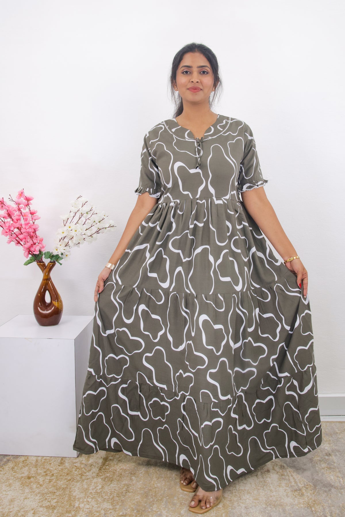 Mangai 3 Layer Frock Model Nighties Soft and Smooth Premium Quality Rayon Material , Fancy Frilled Sleeve, Side Pocket , Back tie Rope , Stylish Collection's for Trendy Women's (MRK)