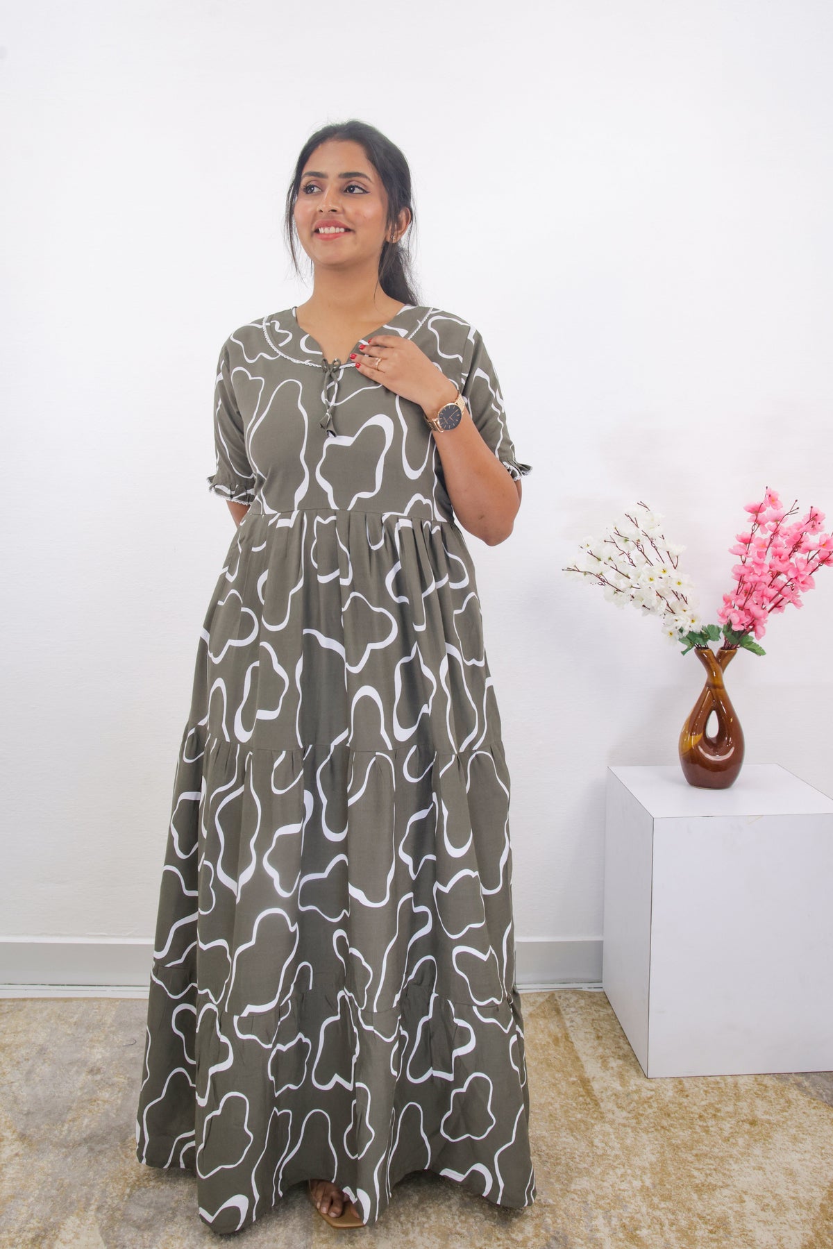 Mangai 3 Layer Frock Model Nighties Soft and Smooth Premium Quality Rayon Material , Fancy Frilled Sleeve, Side Pocket , Back tie Rope , Stylish Collection's for Trendy Women's (MRK)