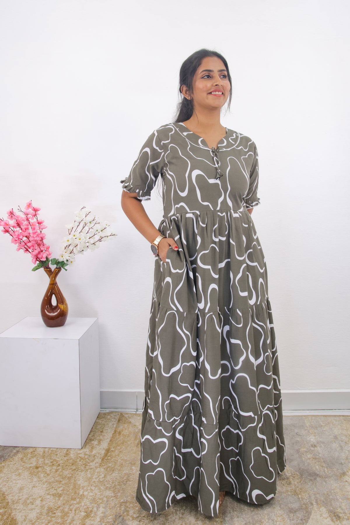 Mangai 3 Layer Frock Model Nighties Soft and Smooth Premium Quality Rayon Material , Fancy Frilled Sleeve, Side Pocket , Back tie Rope , Stylish Collection's for Trendy Women's (MRK)