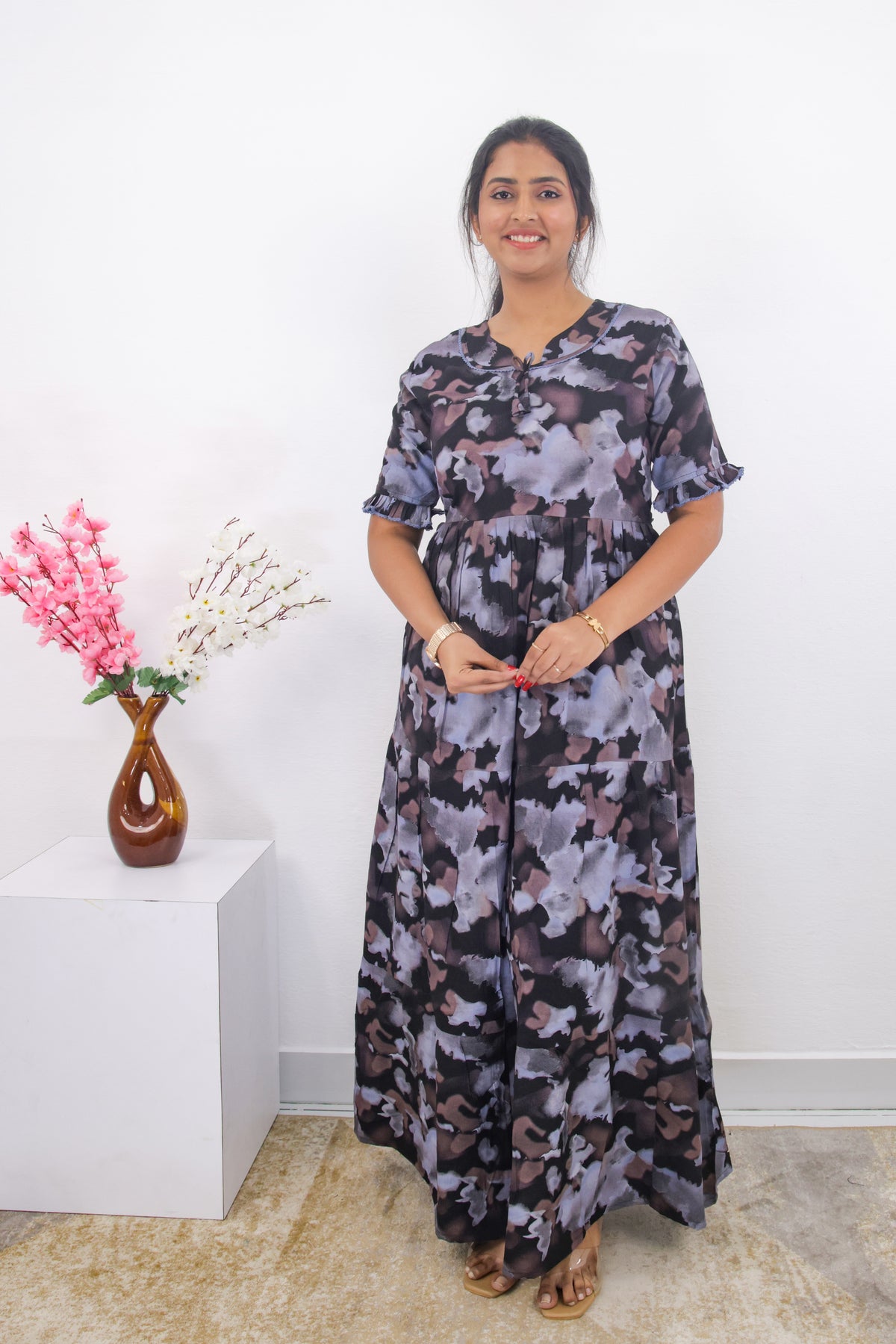 Mangai 3 Layer Frock Model Nighties Soft and Smooth Premium Quality Rayon Material , Fancy Frilled Sleeve, Side Pocket , Back tie Rope , Stylish Collection's for Trendy Women's (MRK)