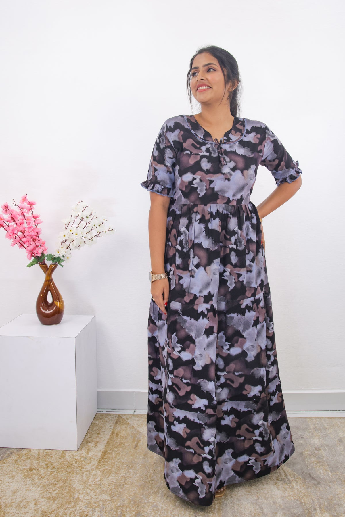 Mangai 3 Layer Frock Model Nighties Soft and Smooth Premium Quality Rayon Material , Fancy Frilled Sleeve, Side Pocket , Back tie Rope , Stylish Collection's for Trendy Women's (MRK)