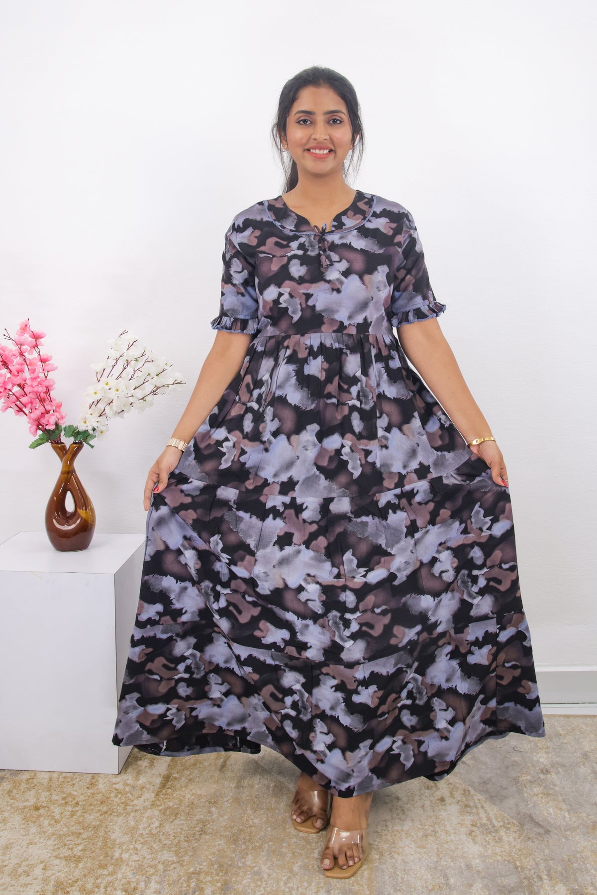 Mangai 3 Layer Frock Model Nighties Soft and Smooth Premium Quality Rayon Material , Fancy Frilled Sleeve, Side Pocket , Back tie Rope , Stylish Collection's for Trendy Women's (MRK)