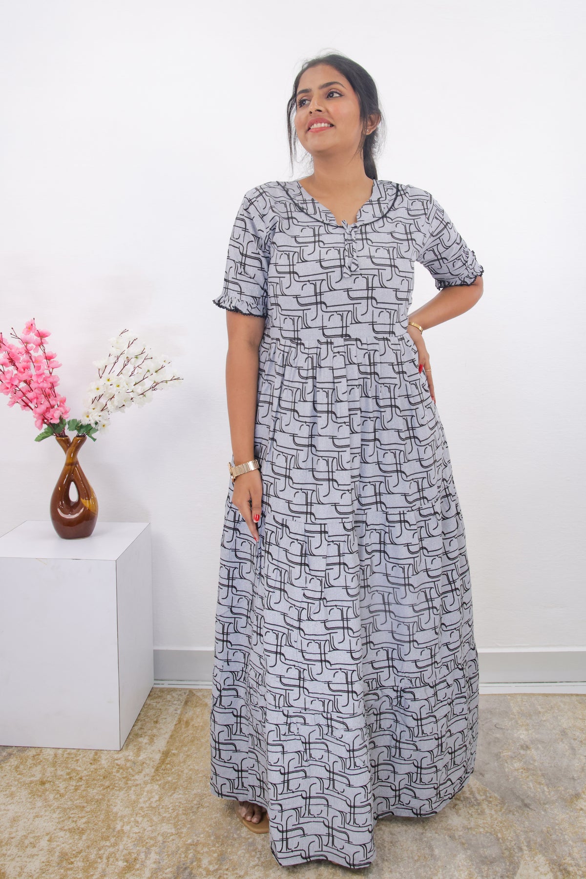 Mangai 3 Layer Frock Model Nighties Soft and Smooth Premium Quality Rayon Material , Fancy Frilled Sleeve, Side Pocket , Back tie Rope , Stylish Collection's for Trendy Women's (MRK)