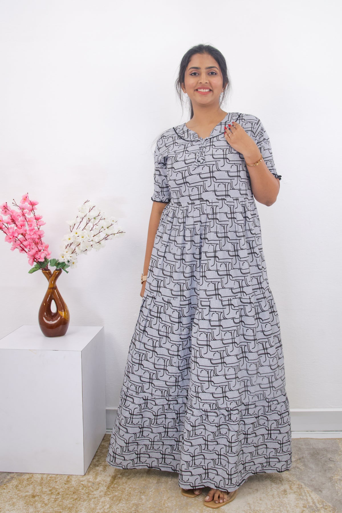 Mangai 3 Layer Frock Model Nighties Soft and Smooth Premium Quality Rayon Material , Fancy Frilled Sleeve, Side Pocket , Back tie Rope , Stylish Collection's for Trendy Women's (MRK)