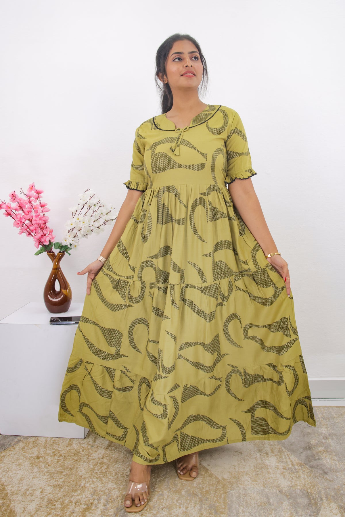 Mangai 3 Layer Frock Model Nighties Soft and Smooth Premium Quality Rayon Material , Fancy Frilled Sleeve, Side Pocket , Back tie Rope , Stylish Collection's for Trendy Women's (MRK)