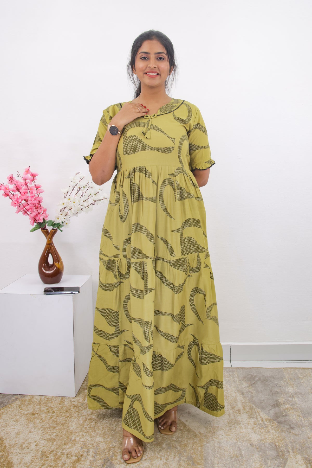 Mangai 3 Layer Frock Model Nighties Soft and Smooth Premium Quality Rayon Material , Fancy Frilled Sleeve, Side Pocket , Back tie Rope , Stylish Collection's for Trendy Women's (MRK)