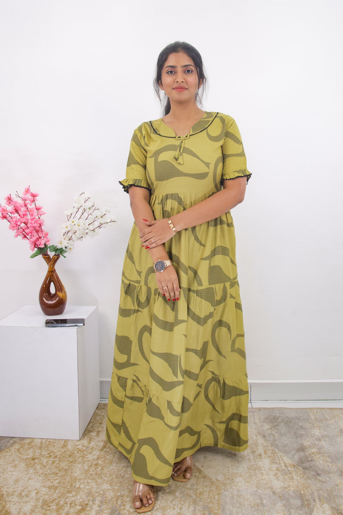 Mangai 3 Layer Frock Model Nighties Soft and Smooth Premium Quality Rayon Material , Fancy Frilled Sleeve, Side Pocket , Back tie Rope , Stylish Collection's for Trendy Women's (MRK)